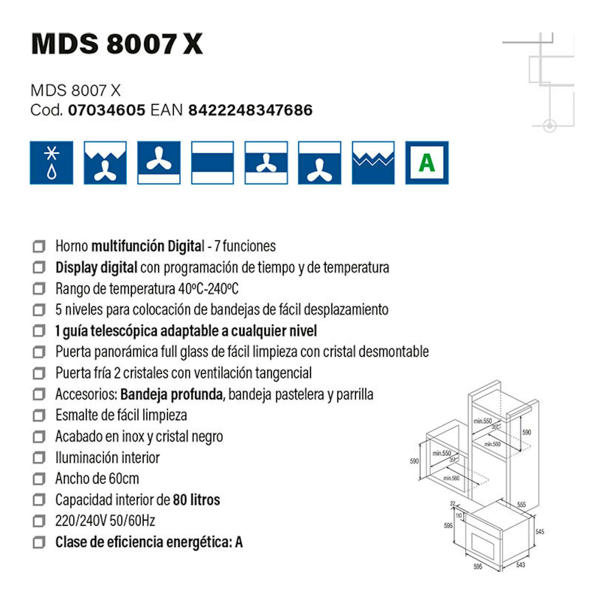 Ficha técnica del horno Cata MDS 8007X en inox y cristal negro, con iconos y medidas.