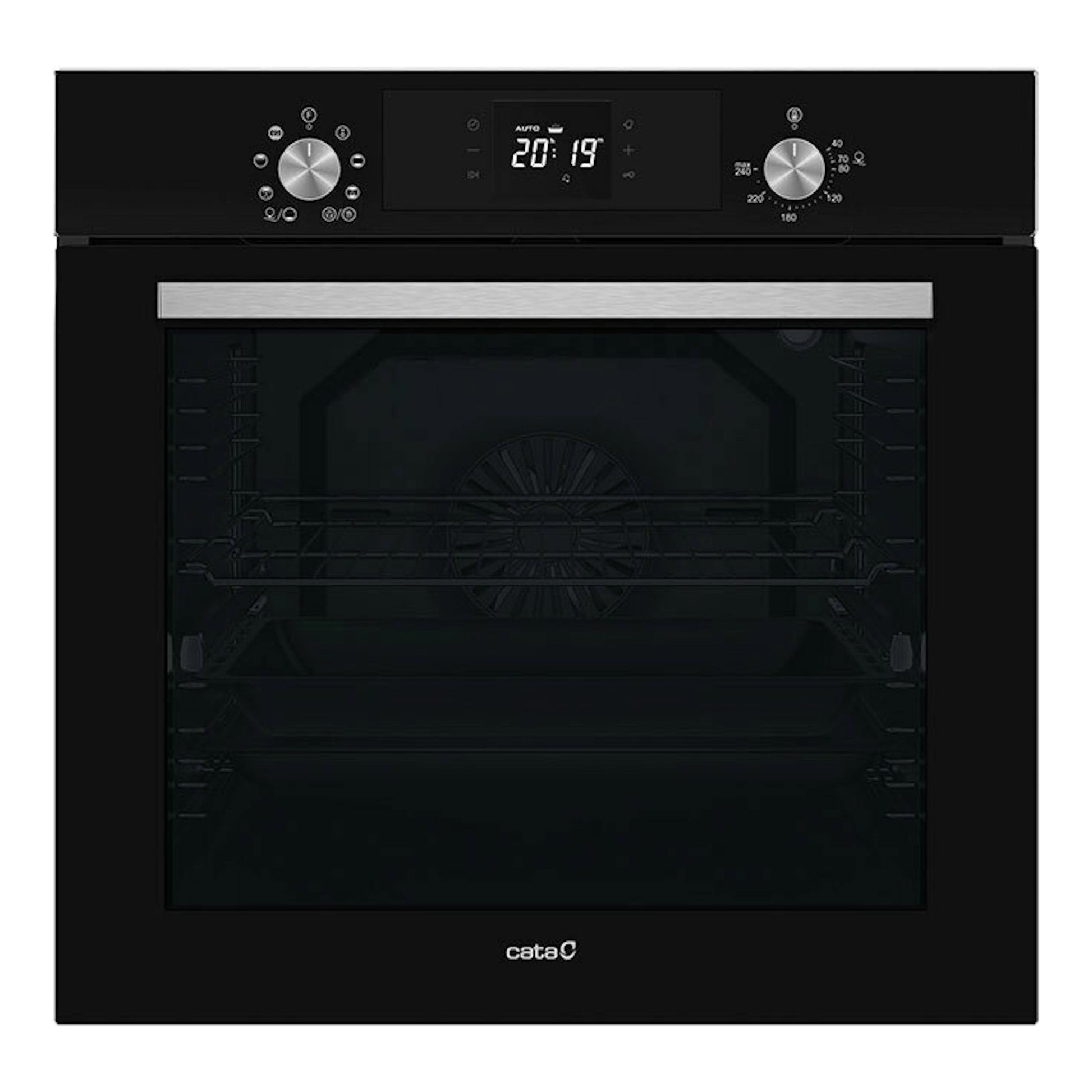 Horno empotrable Cata MDS8008BK negro, vista frontal, con panel digital y puerta de vidrio.