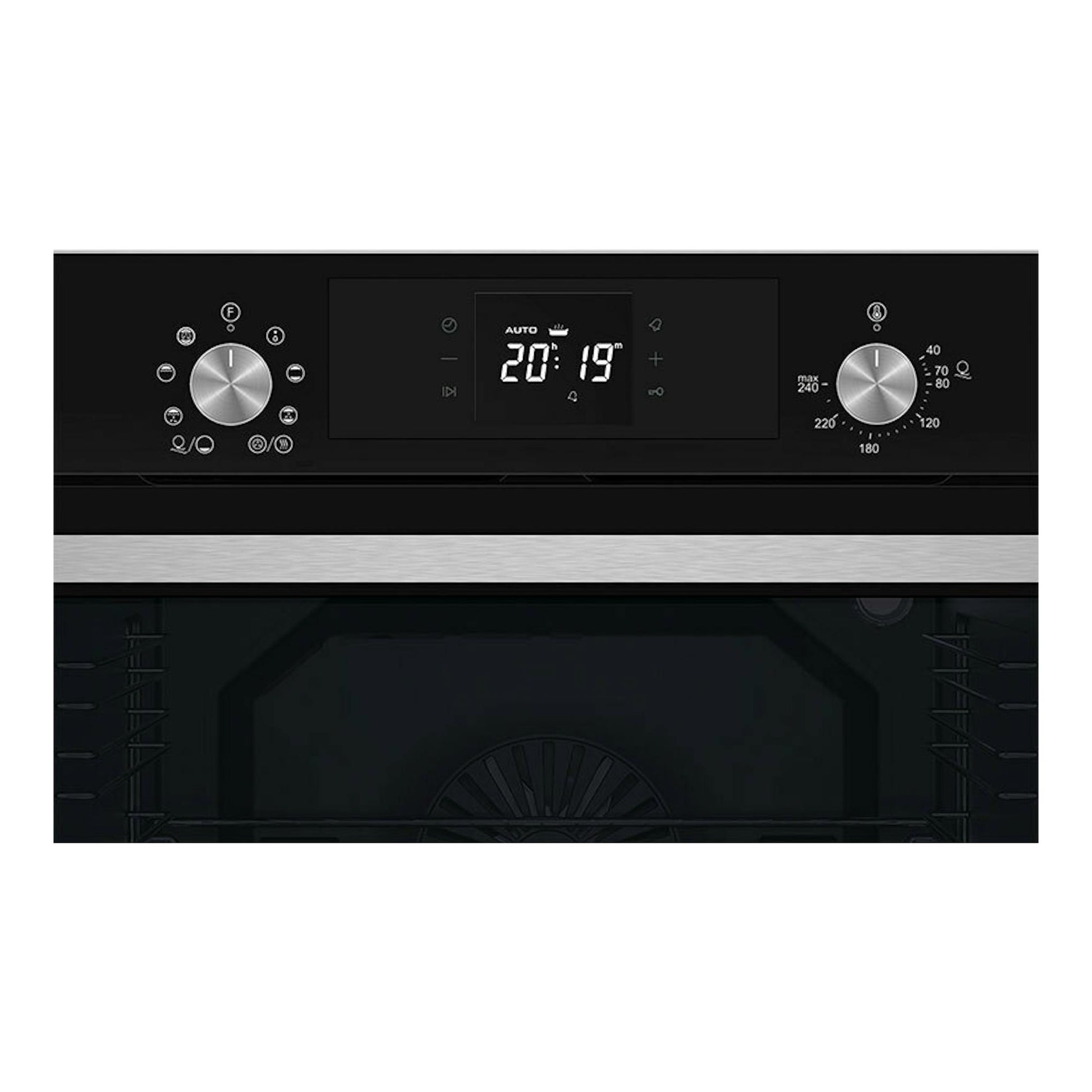 Horno Cata MDS8008BK negro, vista frontal, con panel digital central y dos mandos metálicos.