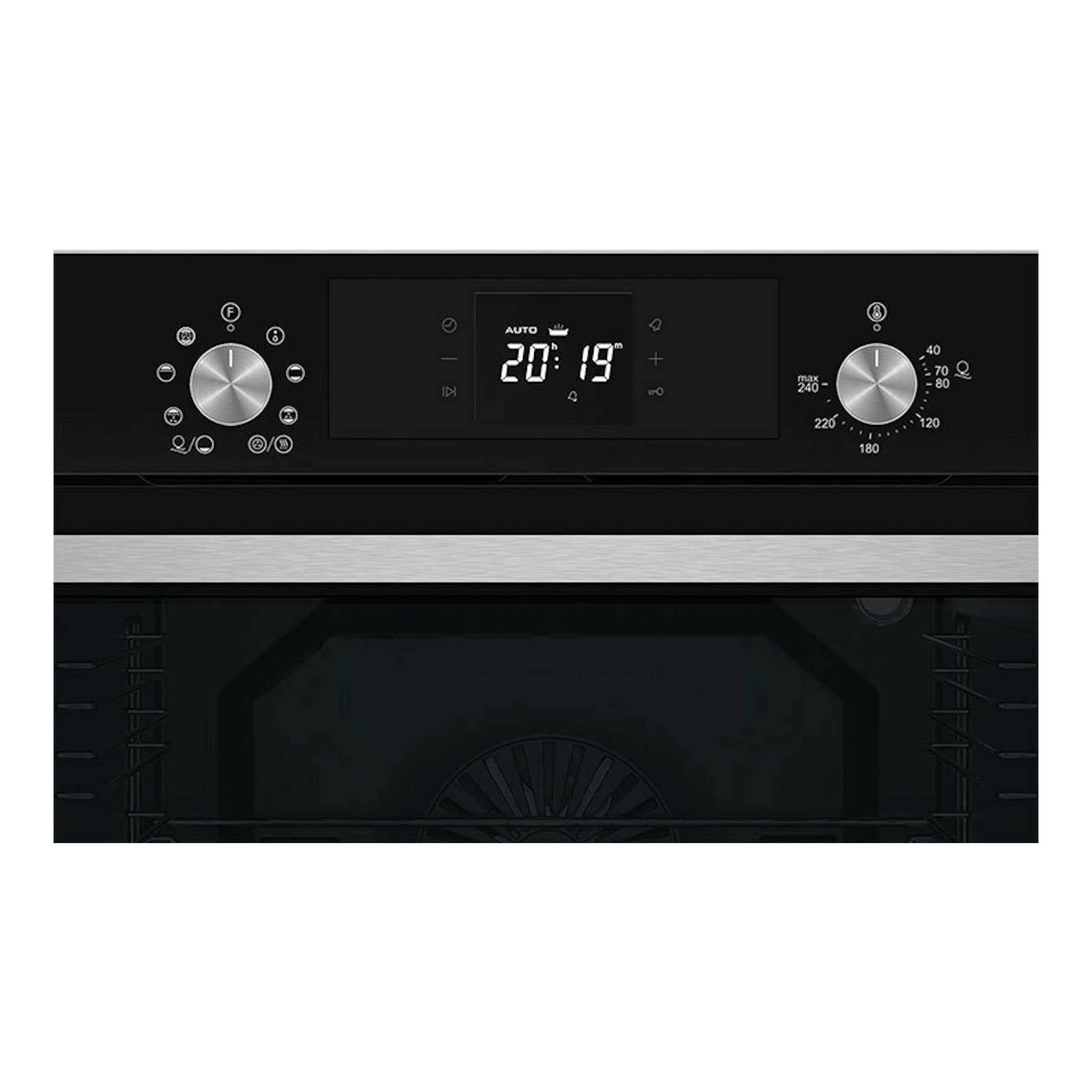 Horno Cata MDS8008BK negro, vista frontal, con panel digital central y dos mandos metálicos.