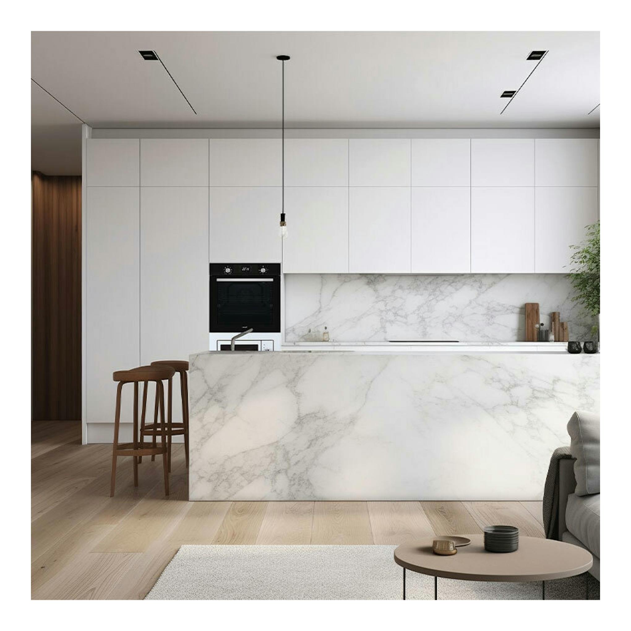 Horno Cata MDS8008BK negro empotrado, vista frontal, en cocina moderna blanca.
