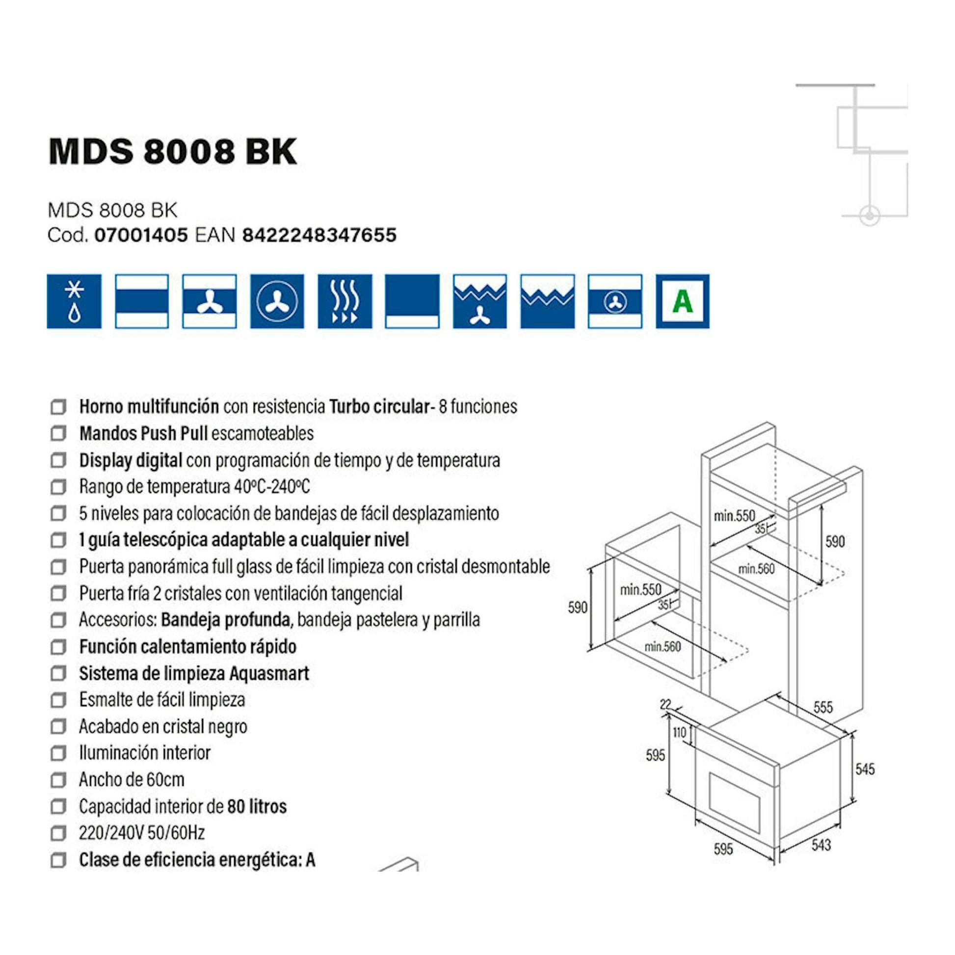 Ficha técnica del horno Cata MDS 8008 BK negro, con iconos, funciones y esquema de medidas.