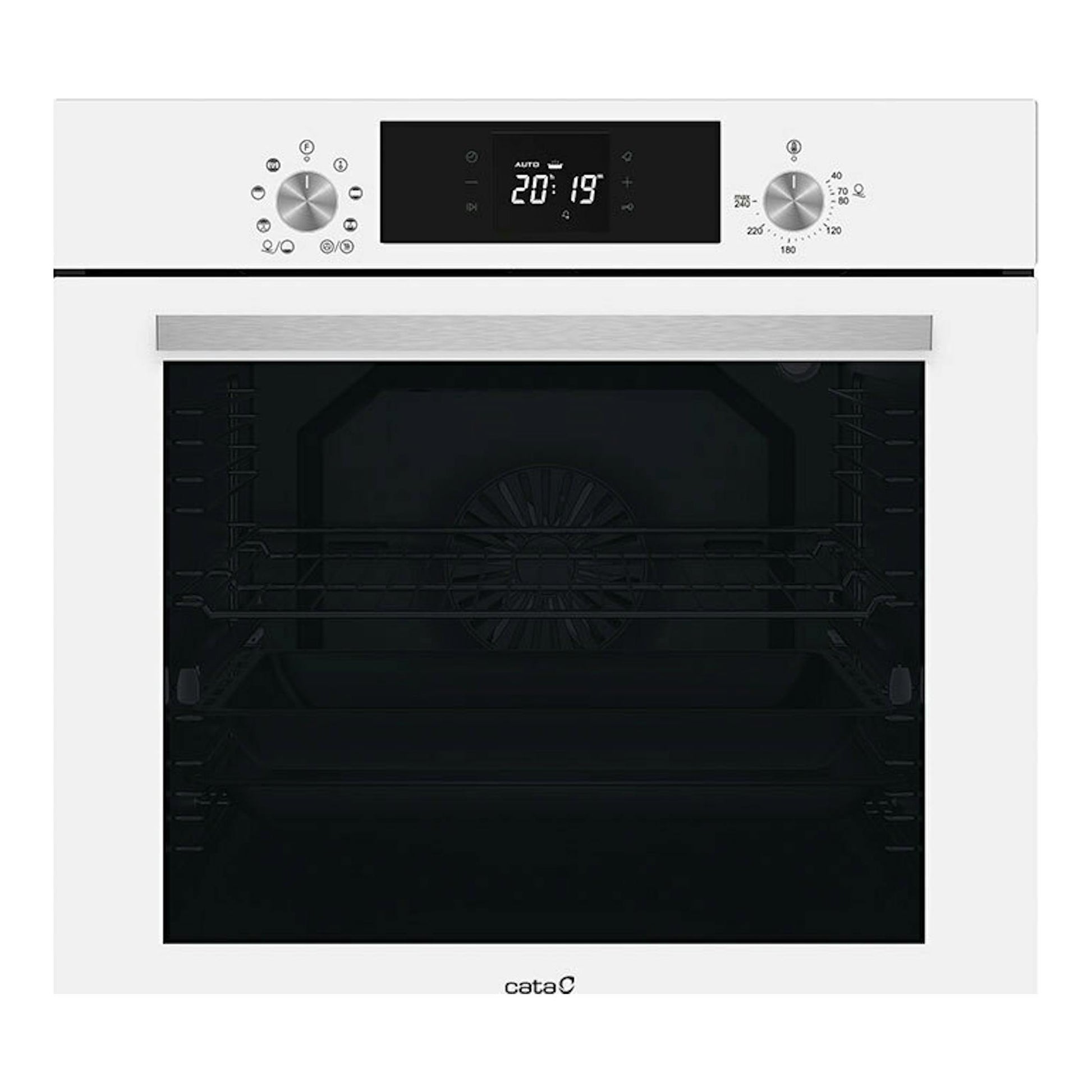 Horno Cata MDS8008WH de cristal blanco, vista frontal, con puerta negra y panel digital.