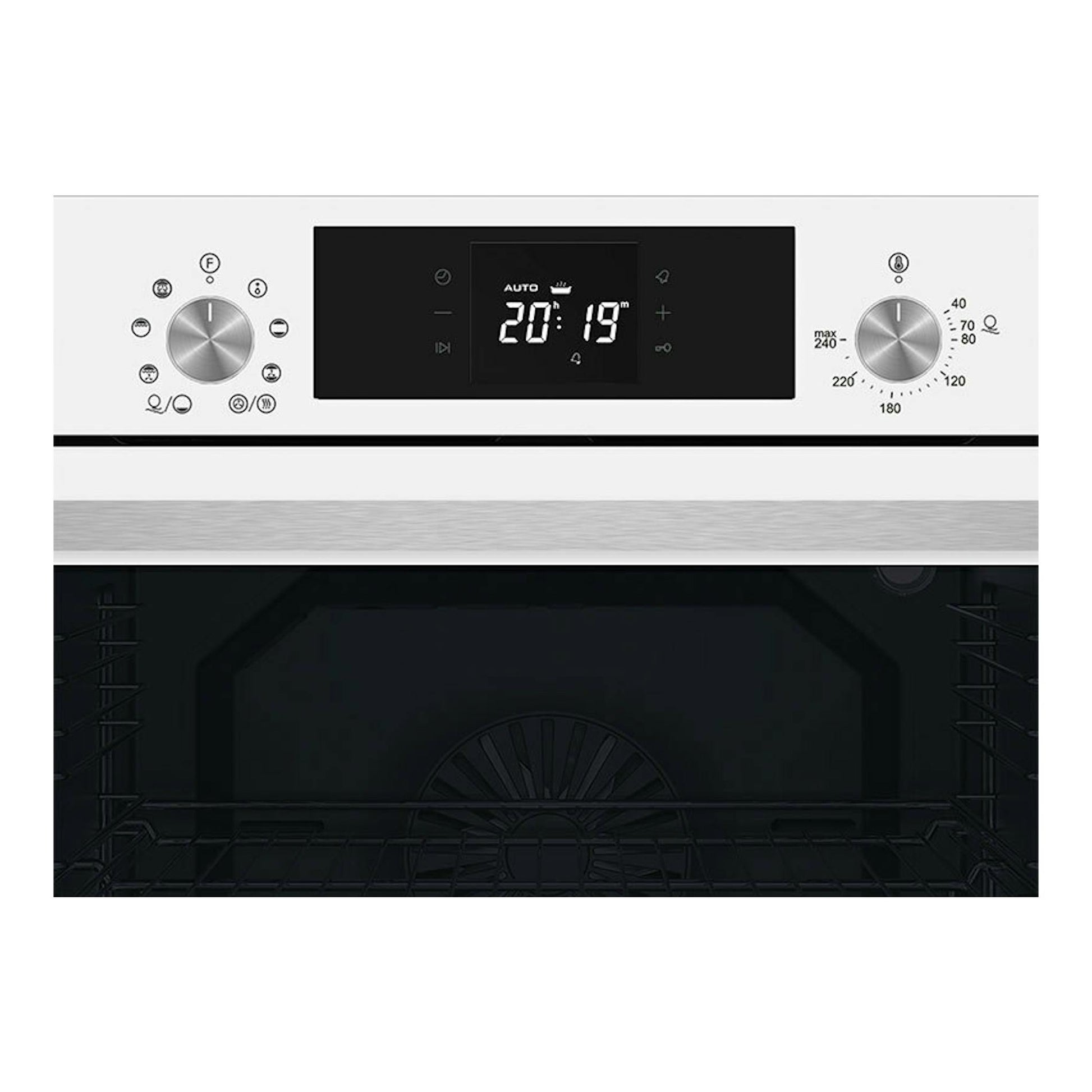 Horno Cata MDS8008WH blanco, vista frontal, panel negro con display digital y dos mandos plateados.