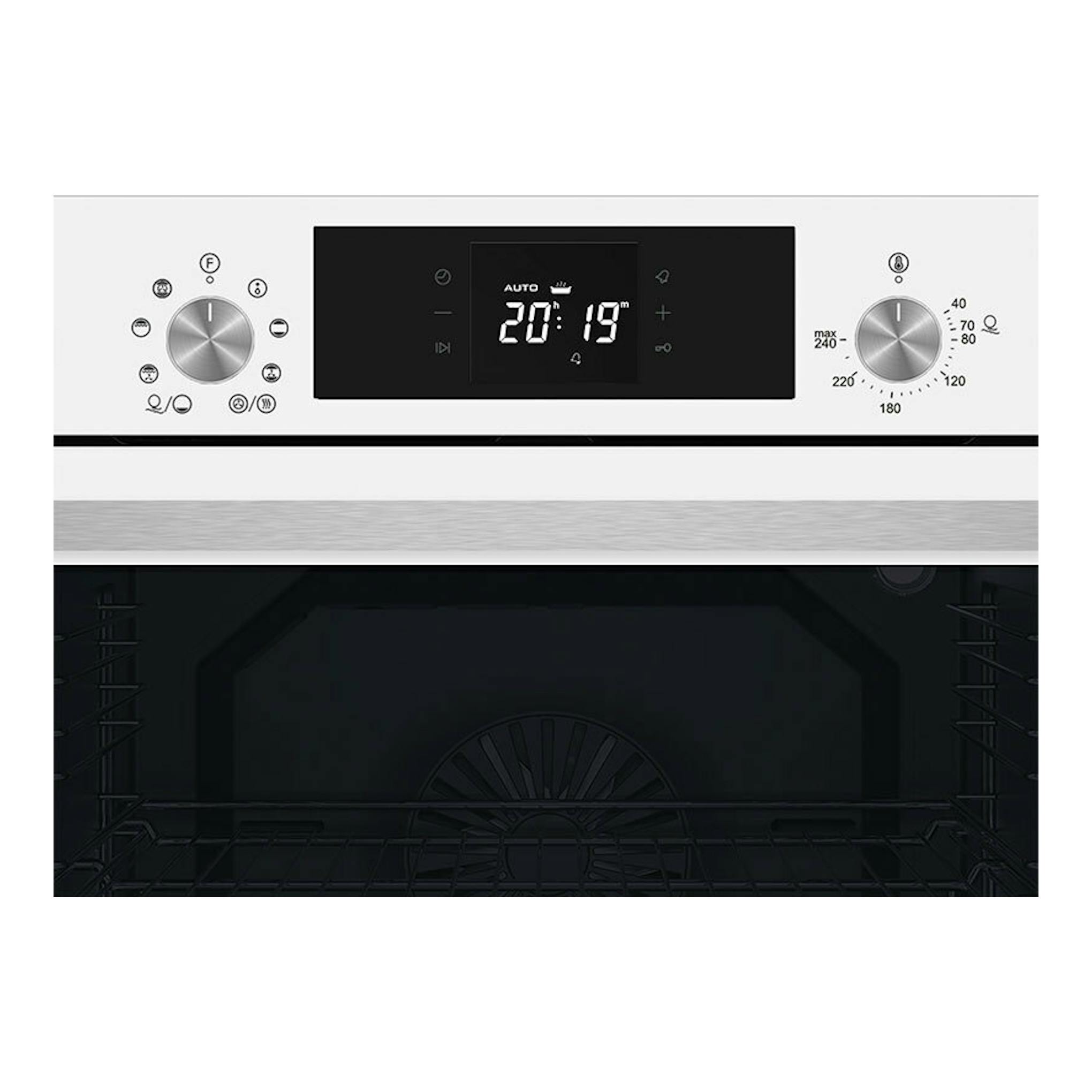 Horno Cata MDS8008WH blanco, vista frontal, panel negro con display digital y dos mandos plateados.