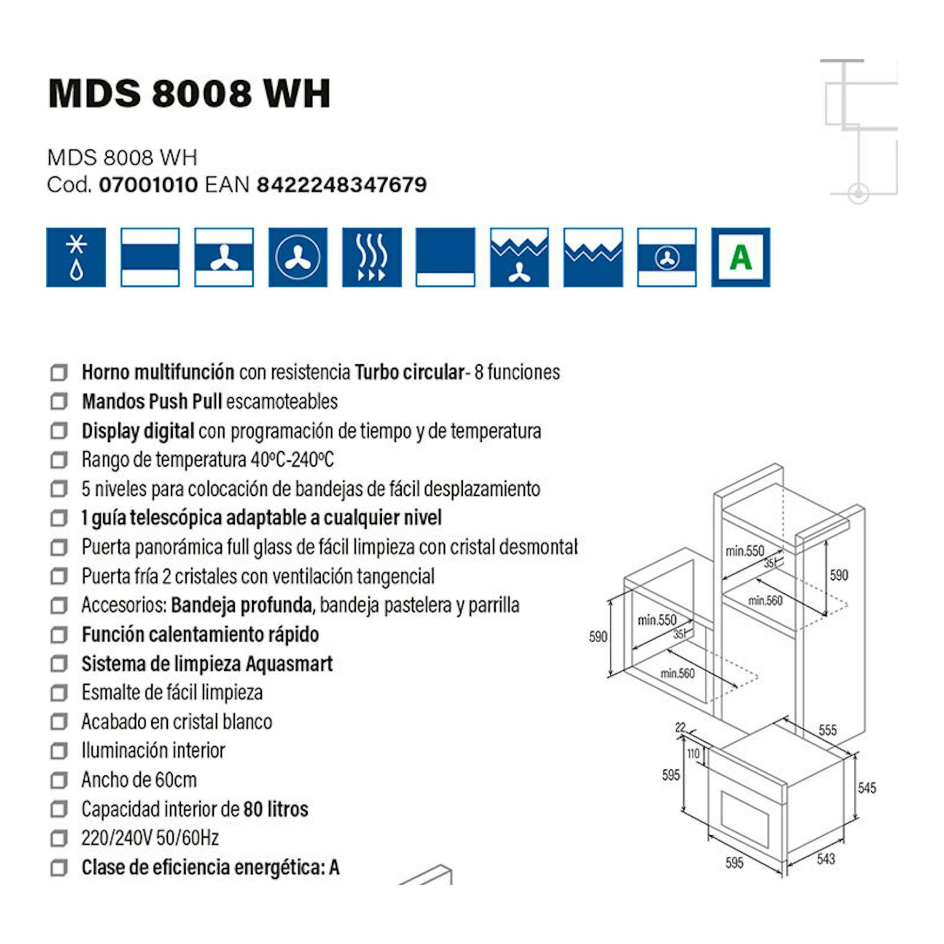 Ficha técnica del horno Cata MDS8008WH en blanco, con iconos y esquema de medidas.