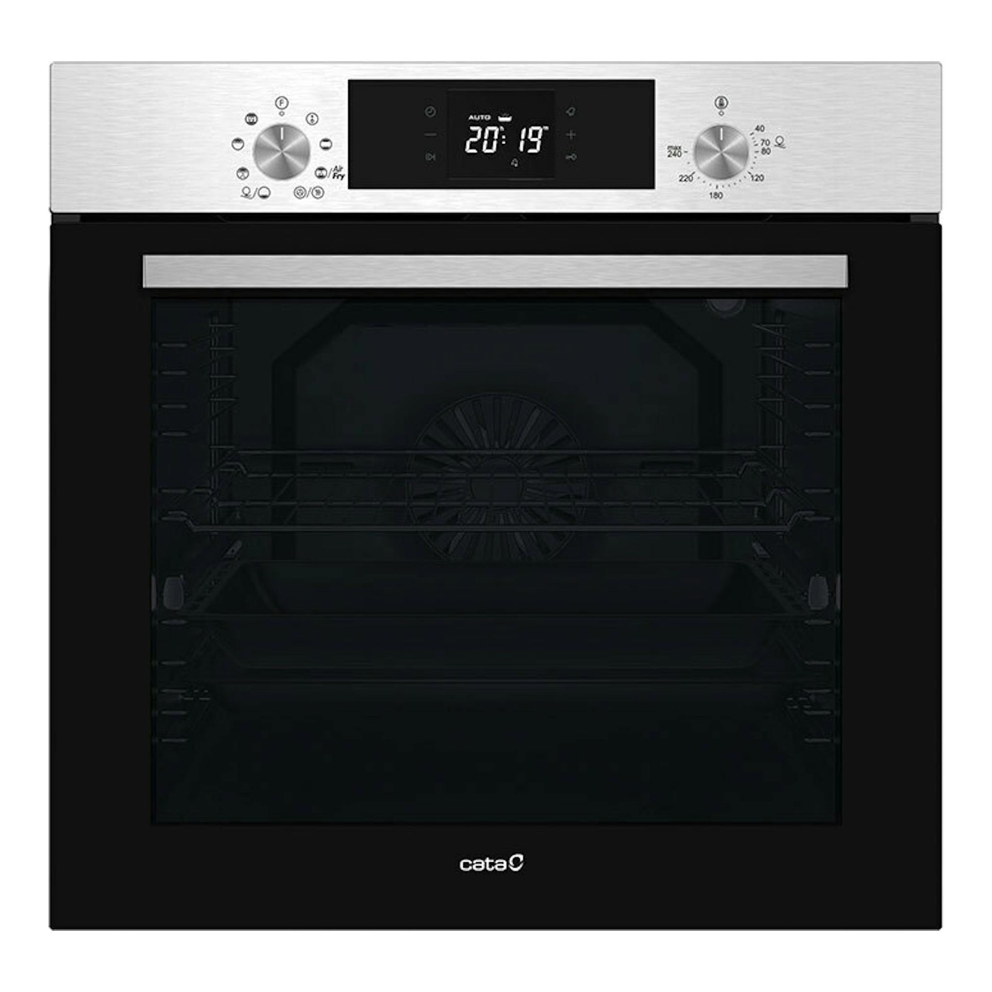 Horno empotrable Cata MDS8008X Airfryer, vista frontal, con panel inox, puerta negra y pantalla digital.
