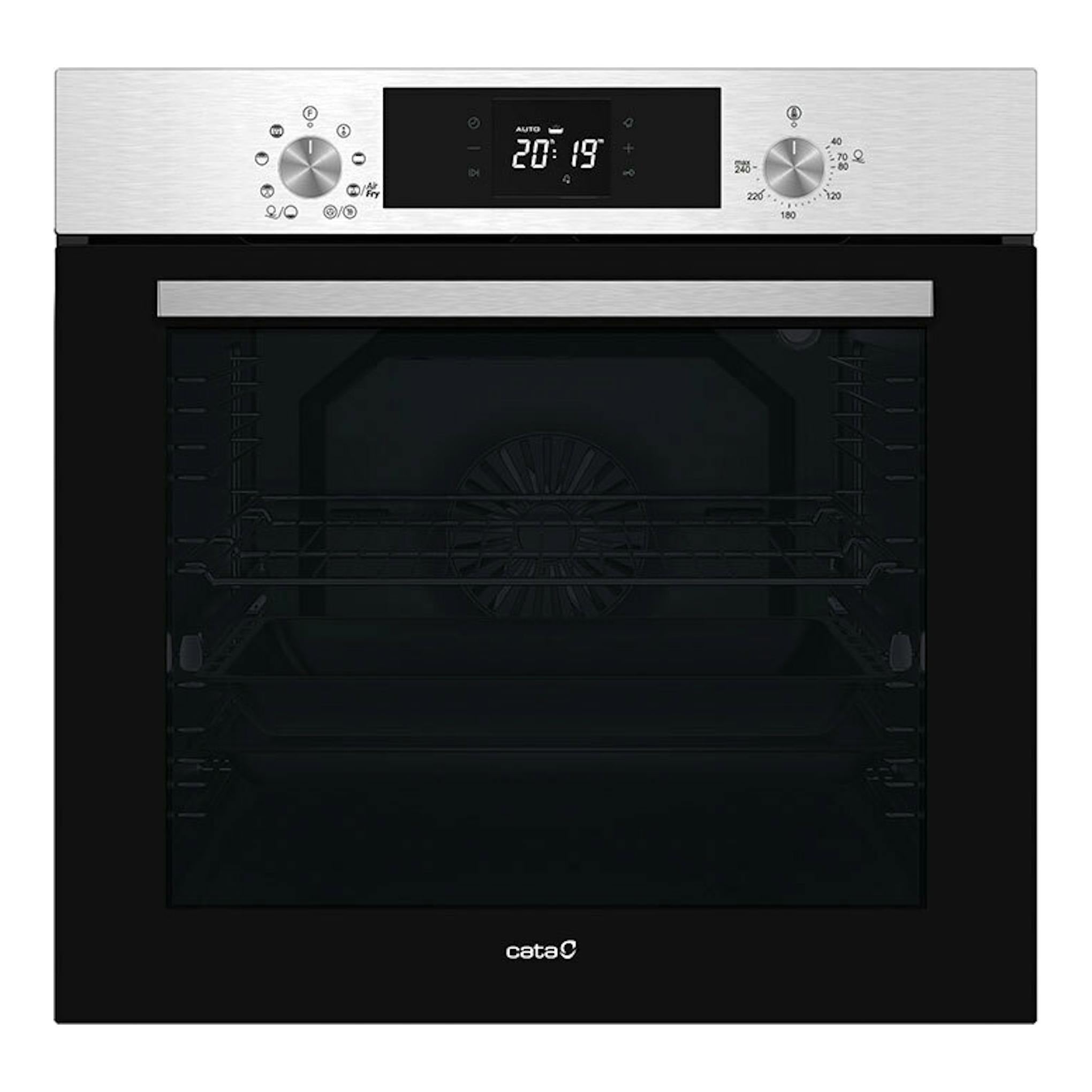 Horno empotrable Cata MDS8008X Airfryer, vista frontal, con panel inox, puerta negra y pantalla digital.