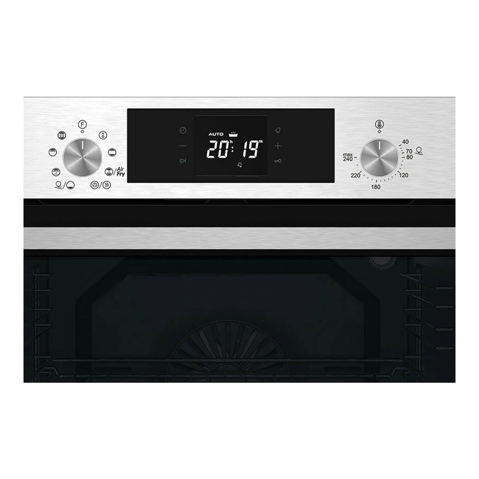 Horno Cata MDS8008X AirFryer inox, vista frontal, panel digital negro, dos mandos plateados e interior visible.