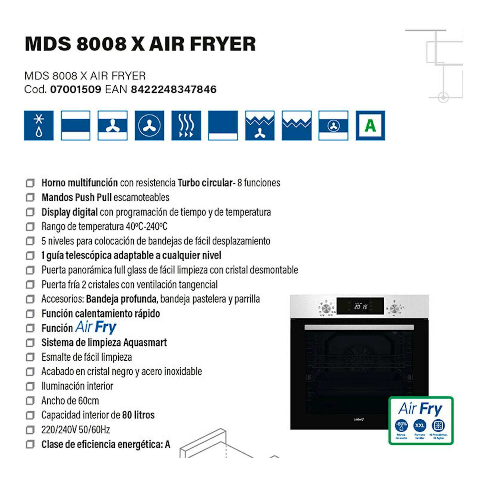 Ficha de horno Cata MDS 8008 X Air Fryer, con imagen frontal del horno empotrable en negro e inox.