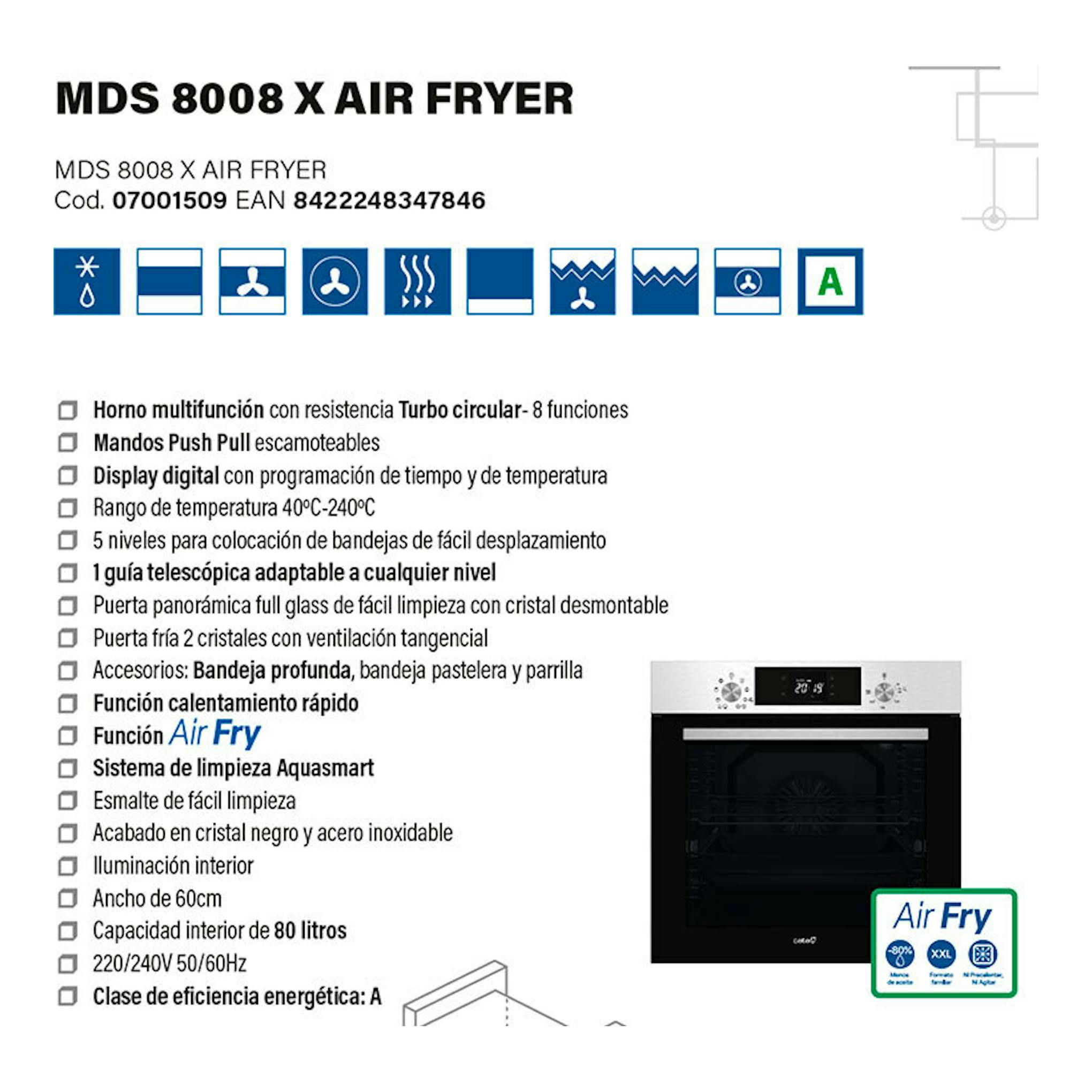 Ficha de horno Cata MDS 8008 X Air Fryer, con imagen frontal del horno empotrable en negro e inox.