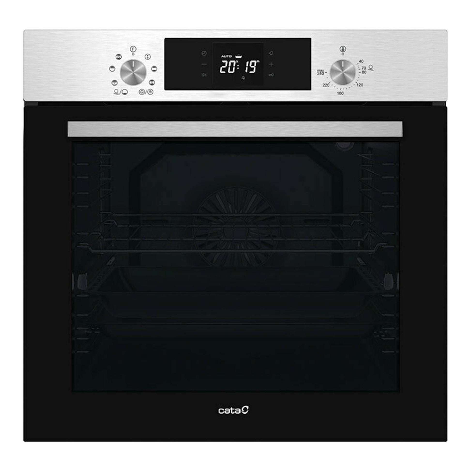 Horno Cata MDS8008X inox, vista frontal, puerta negra y panel superior en acero inoxidable.
