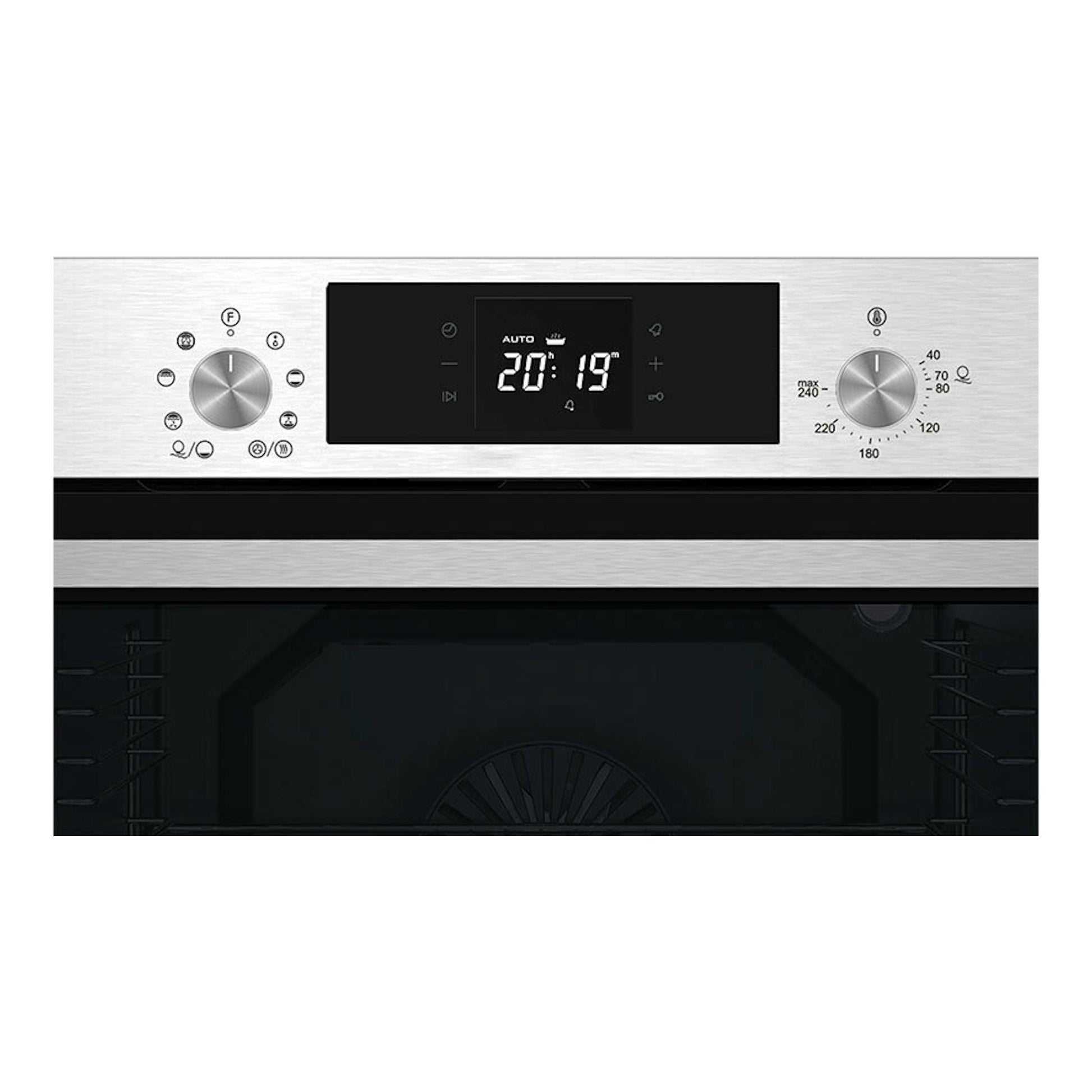 Horno Cata MDS8008X inox, vista frontal, panel de acero inoxidable con pantalla negra y dos mandos.