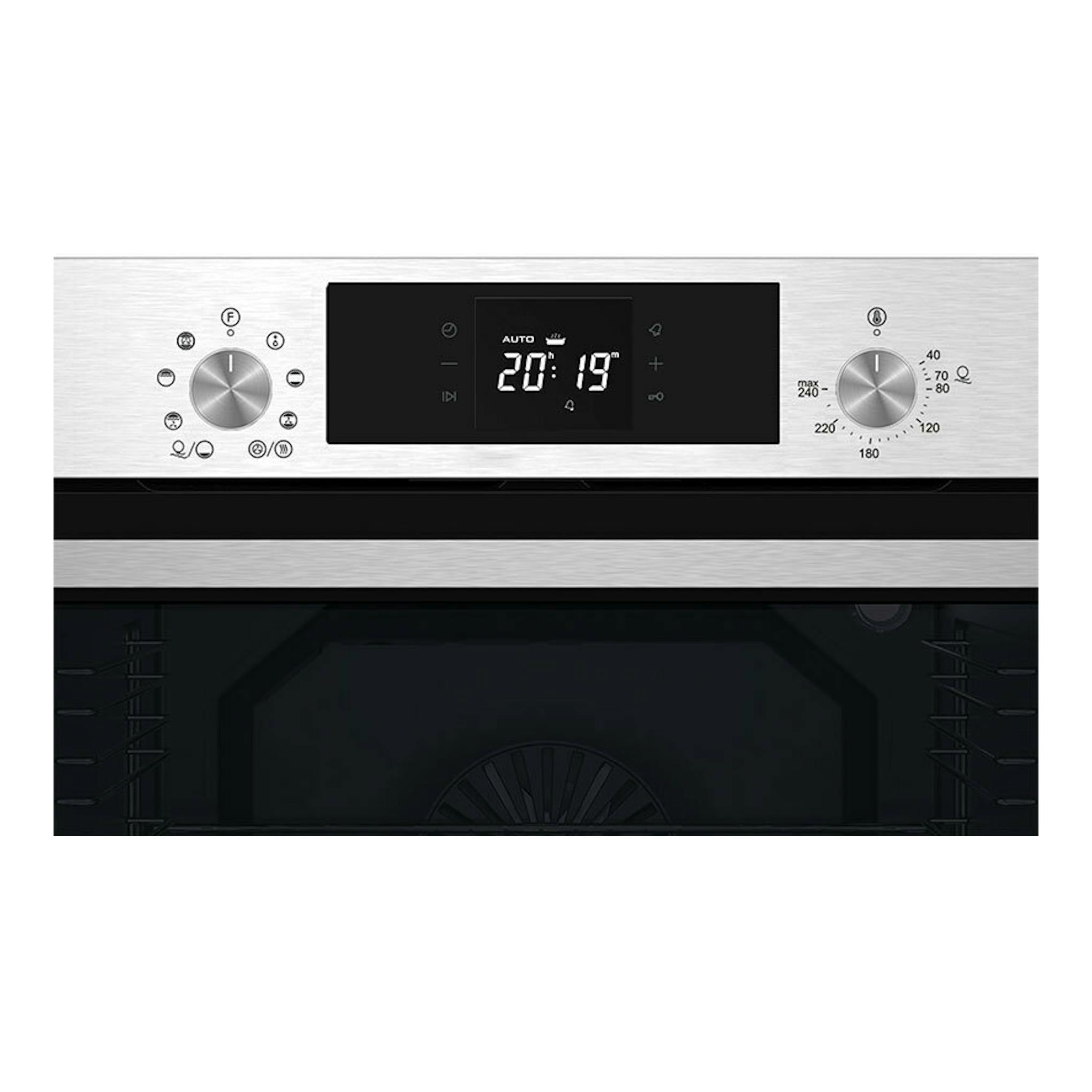 Horno Cata MDS8008X inox, vista frontal, panel de acero inoxidable con pantalla negra y dos mandos.