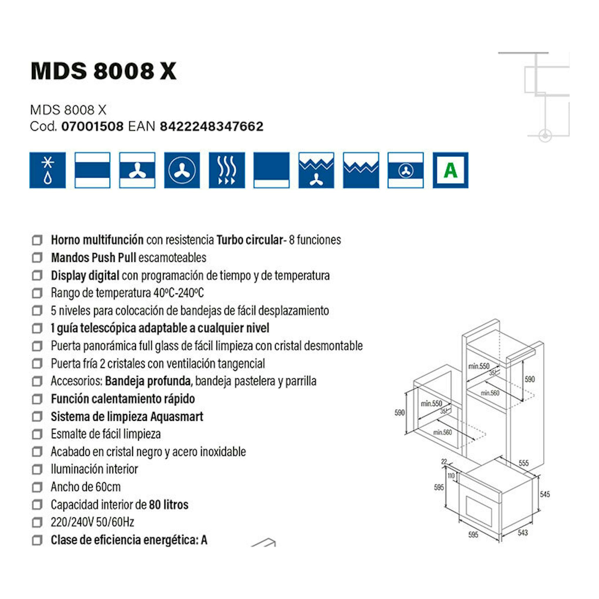 Ficha de horno Cata MDS 8008 X inox, con iconos de funciones y esquema de medidas.