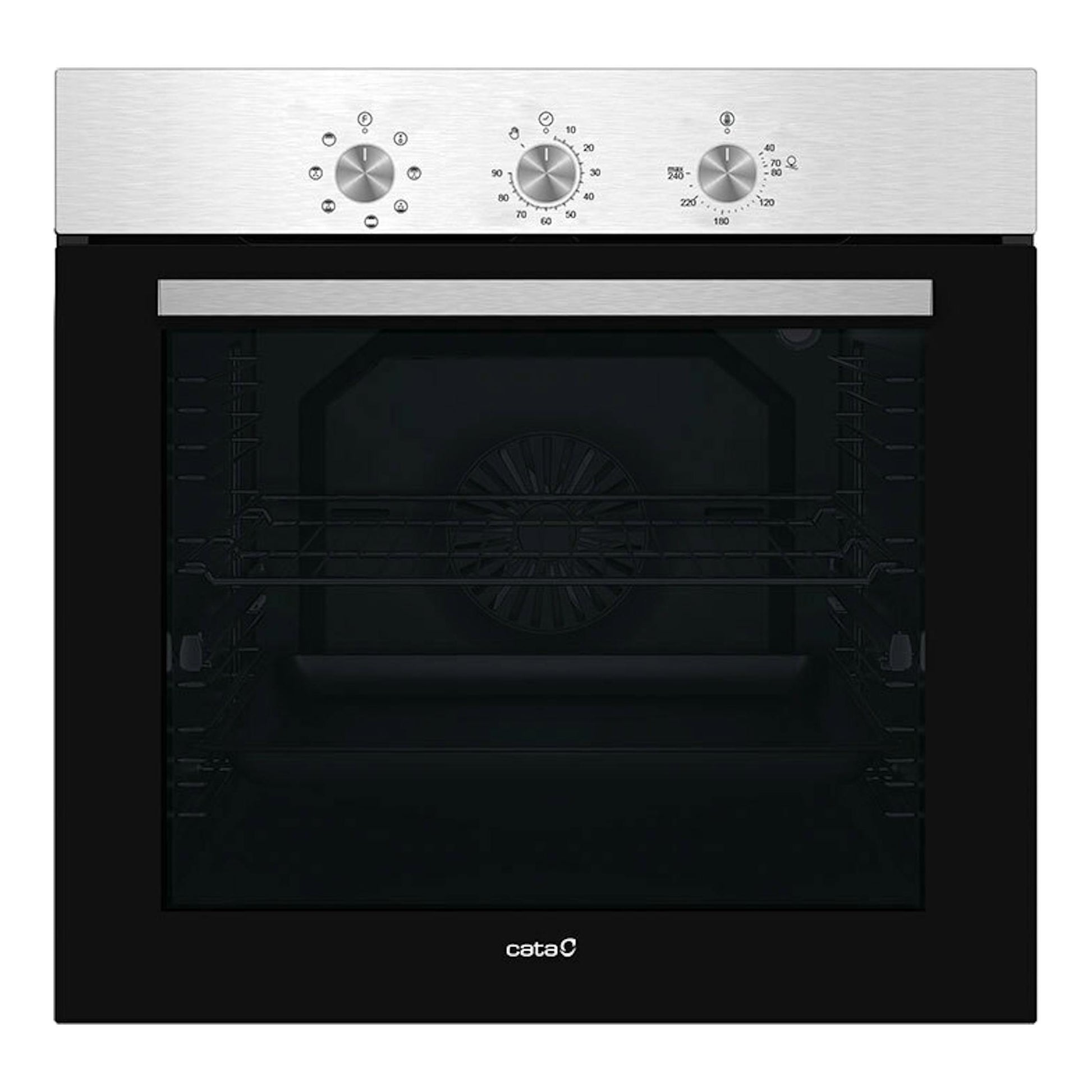 Horno Cata MES8007X inox, vista frontal, puerta negra y panel superior de acero inoxidable con tres mandos.