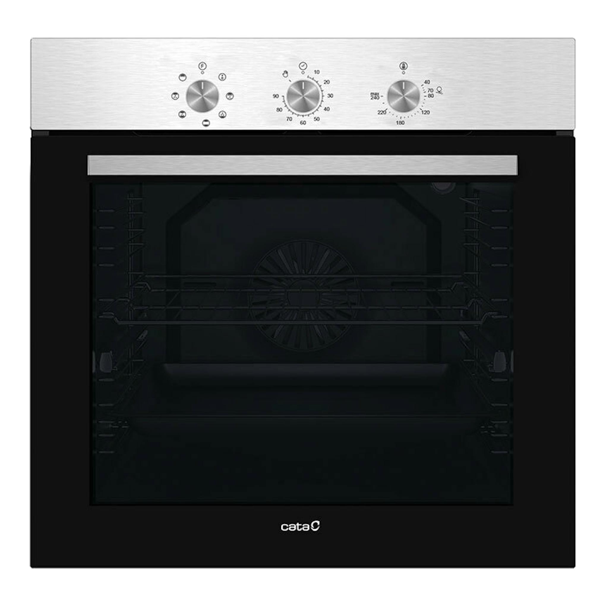 Horno Cata MES8007X inox, vista frontal, puerta negra y panel superior de acero inoxidable con tres mandos.
