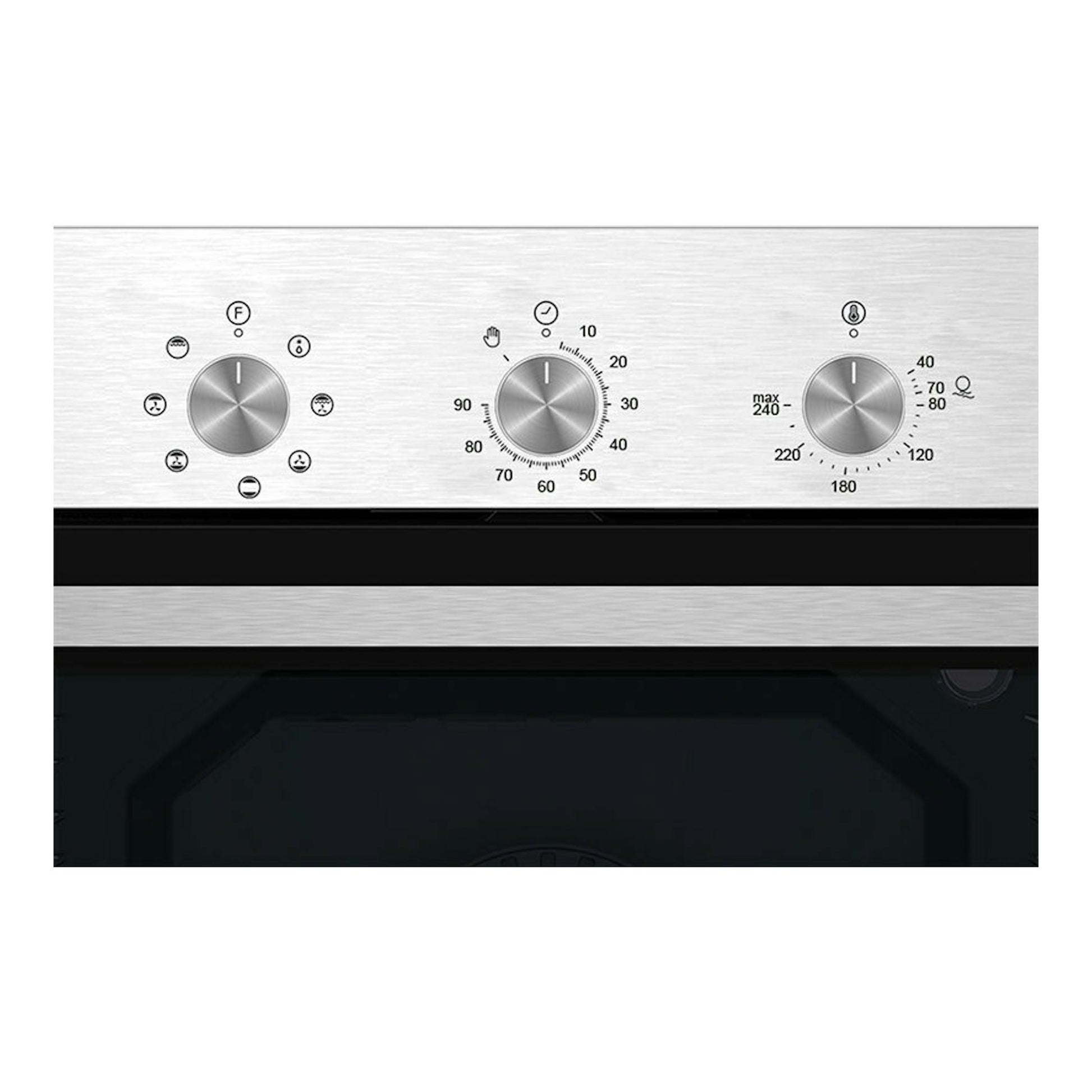 Horno Cata MES8007X inox, vista frontal, panel de acero inoxidable con tres mandos y puerta negra.