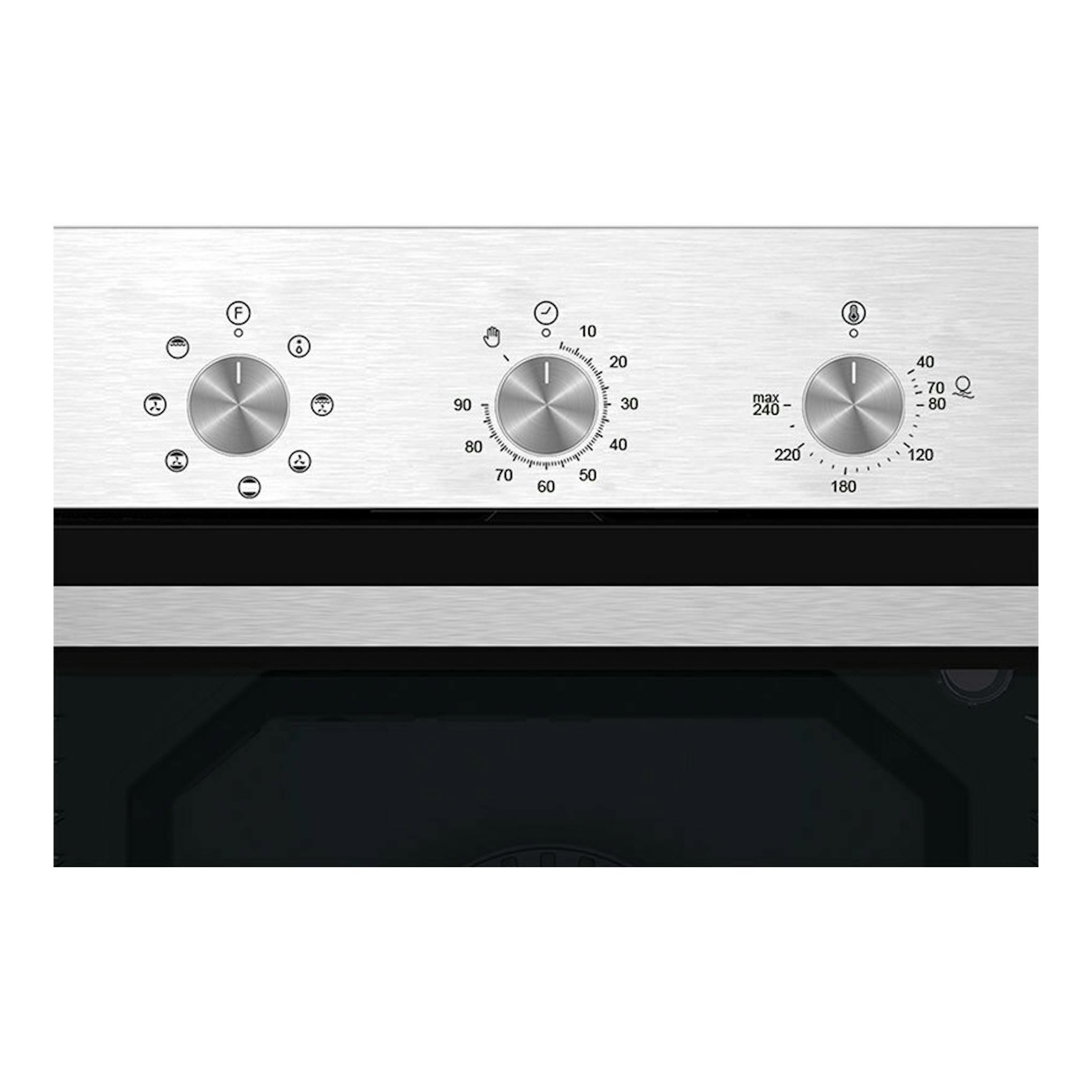 Horno Cata MES8007X inox, vista frontal, panel de acero inoxidable con tres mandos y puerta negra.