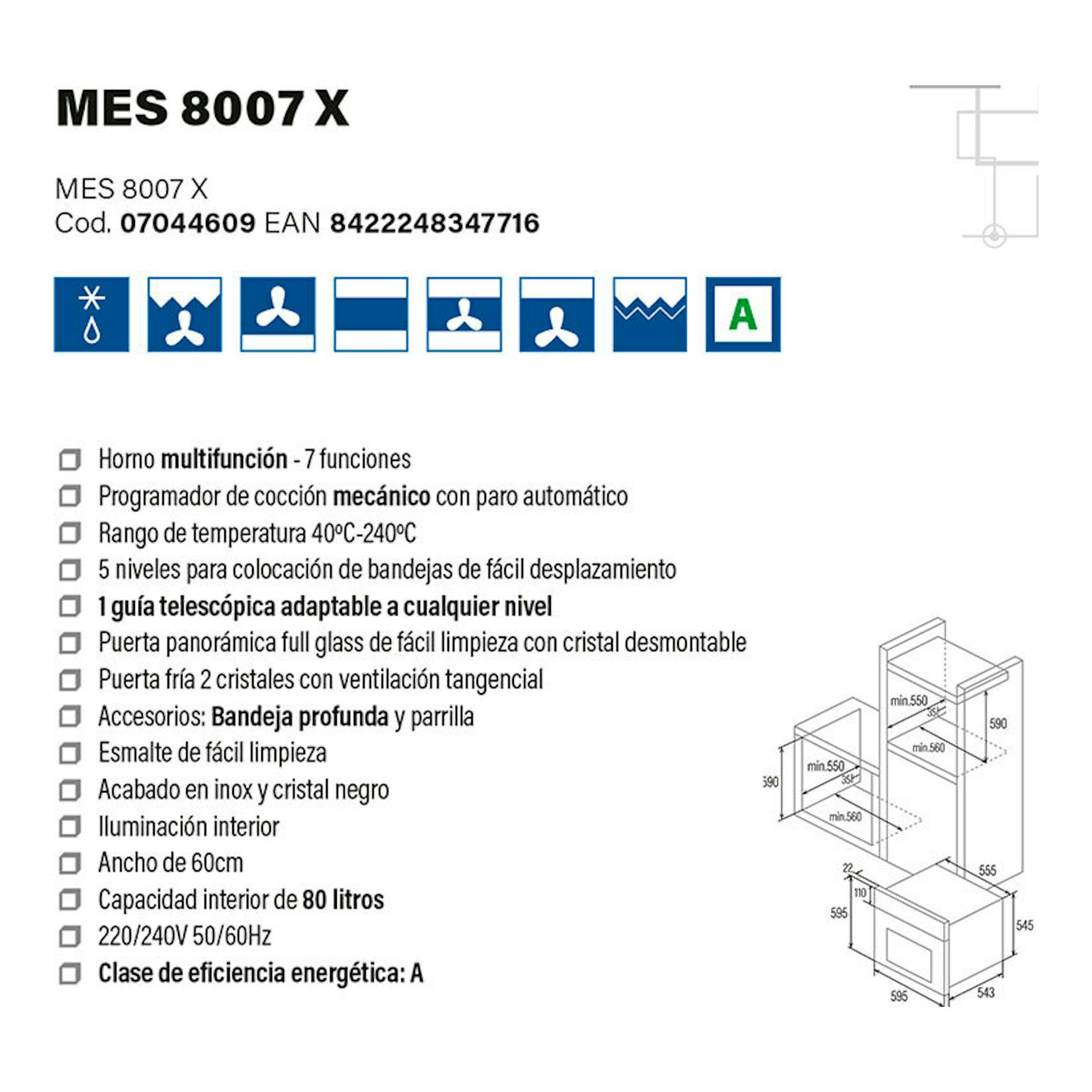 Ficha técnica del horno Cata MES8007X inox, con iconos de funciones y esquema de dimensiones.