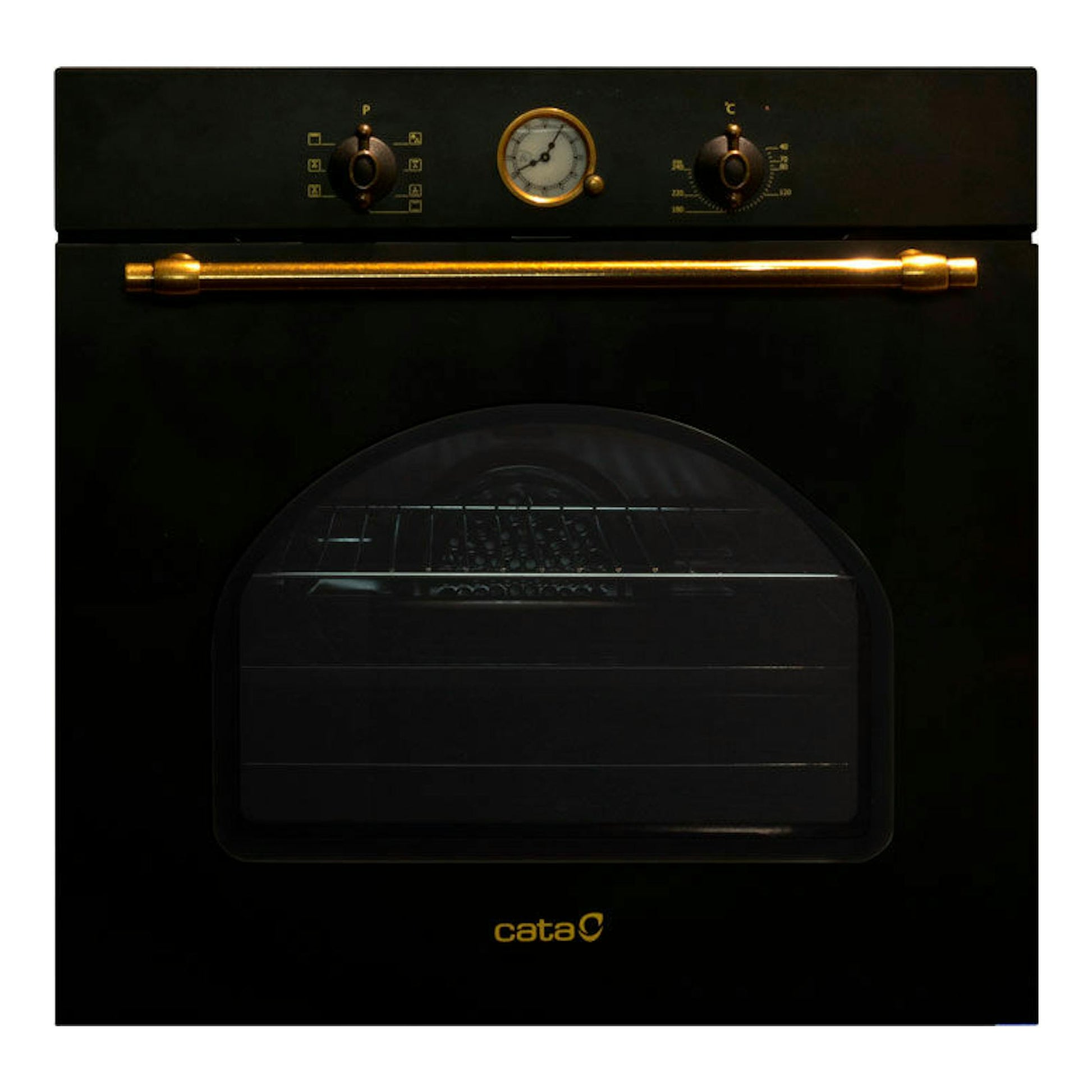 Horno Cata MRA 7108 BK negro, vista frontal, puerta de vidrio, mandos y tirador dorados.
