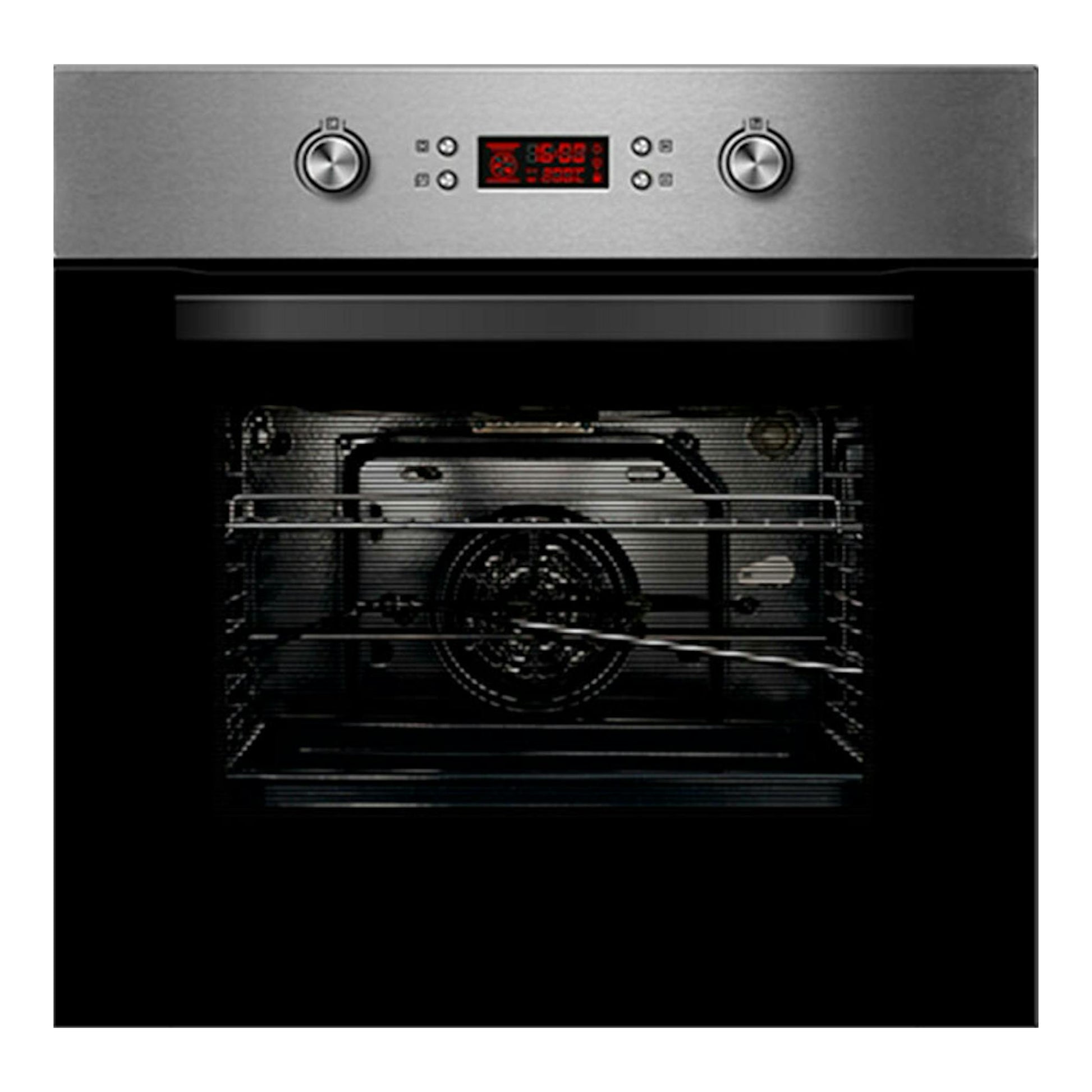 Horno Cata PR6011 XGBK inox, vista frontal, panel de acero inoxidable y puerta de vidrio negro.