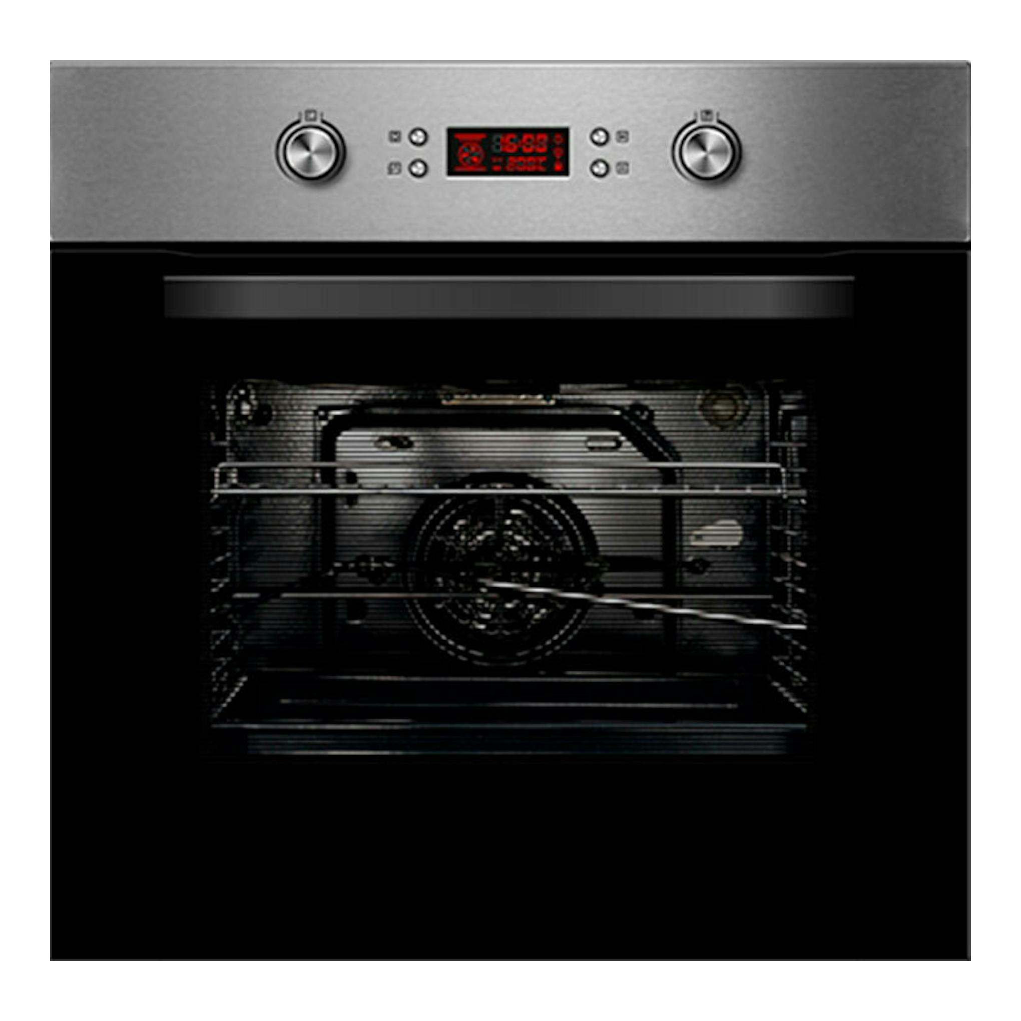 Horno Cata PR6011 XGBK inox, vista frontal, panel de acero inoxidable y puerta de vidrio negro.