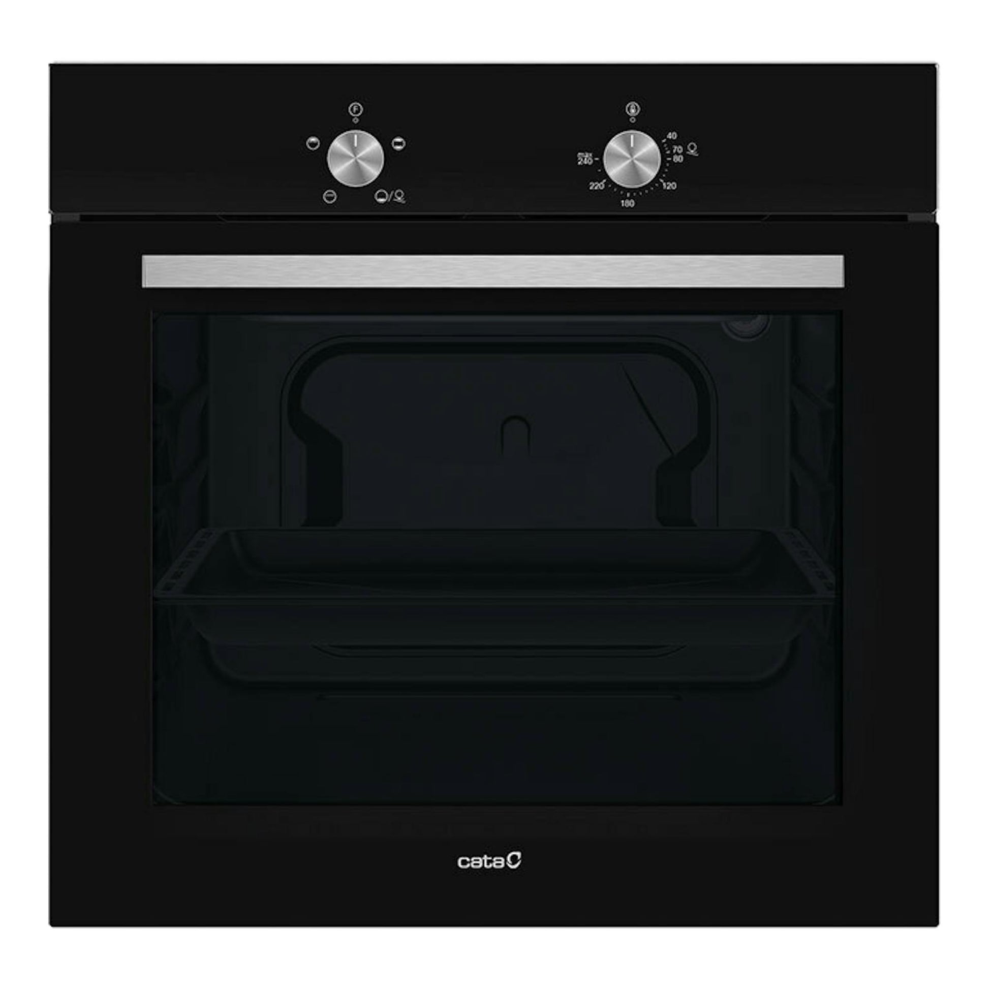 Horno Cata SES6004BK de cristal negro, vista frontal, con dos mandos y puerta de vidrio oscuro.