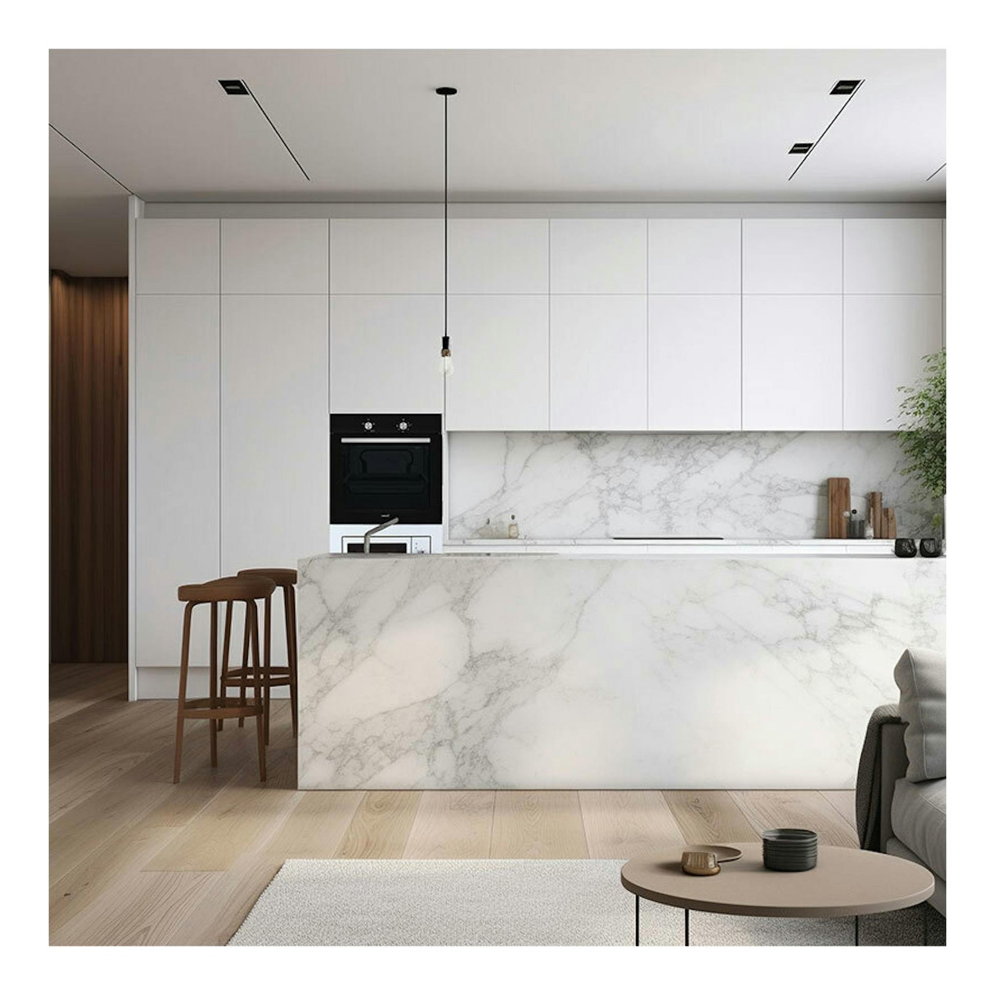 Horno Cata SES6004BK de cristal negro, empotrado en una cocina blanca, vista frontal.