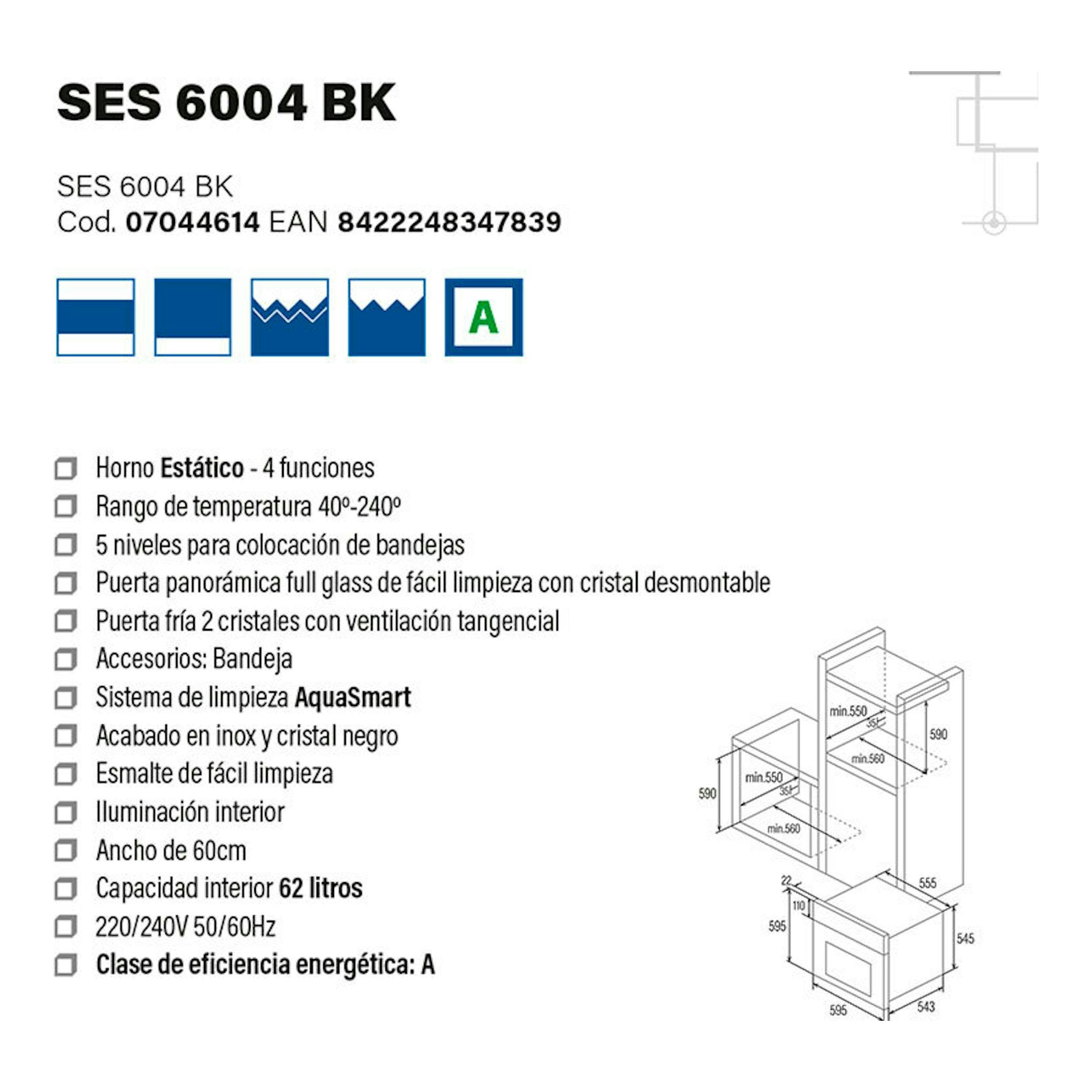Cata SES6004BK, ficha técnica de horno estático en cristal negro e inox, con pictogramas y esquema de medidas.