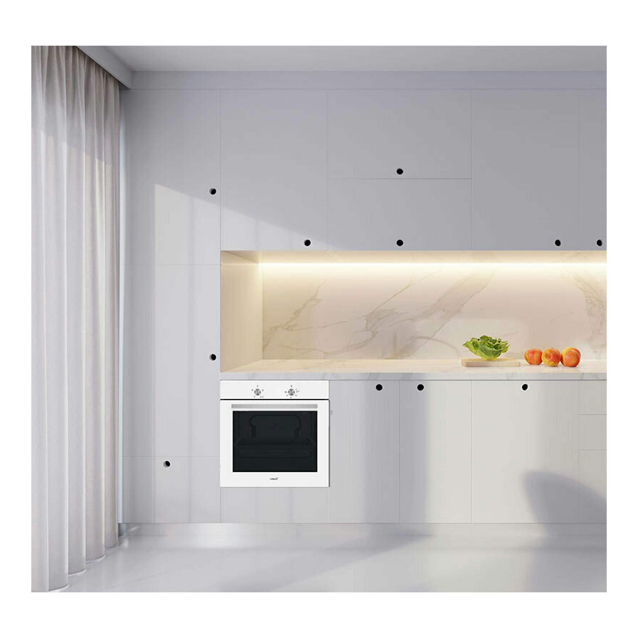 Horno Cata SES6204WH de cristal blanco, empotrado en cocina blanca, vista frontal.