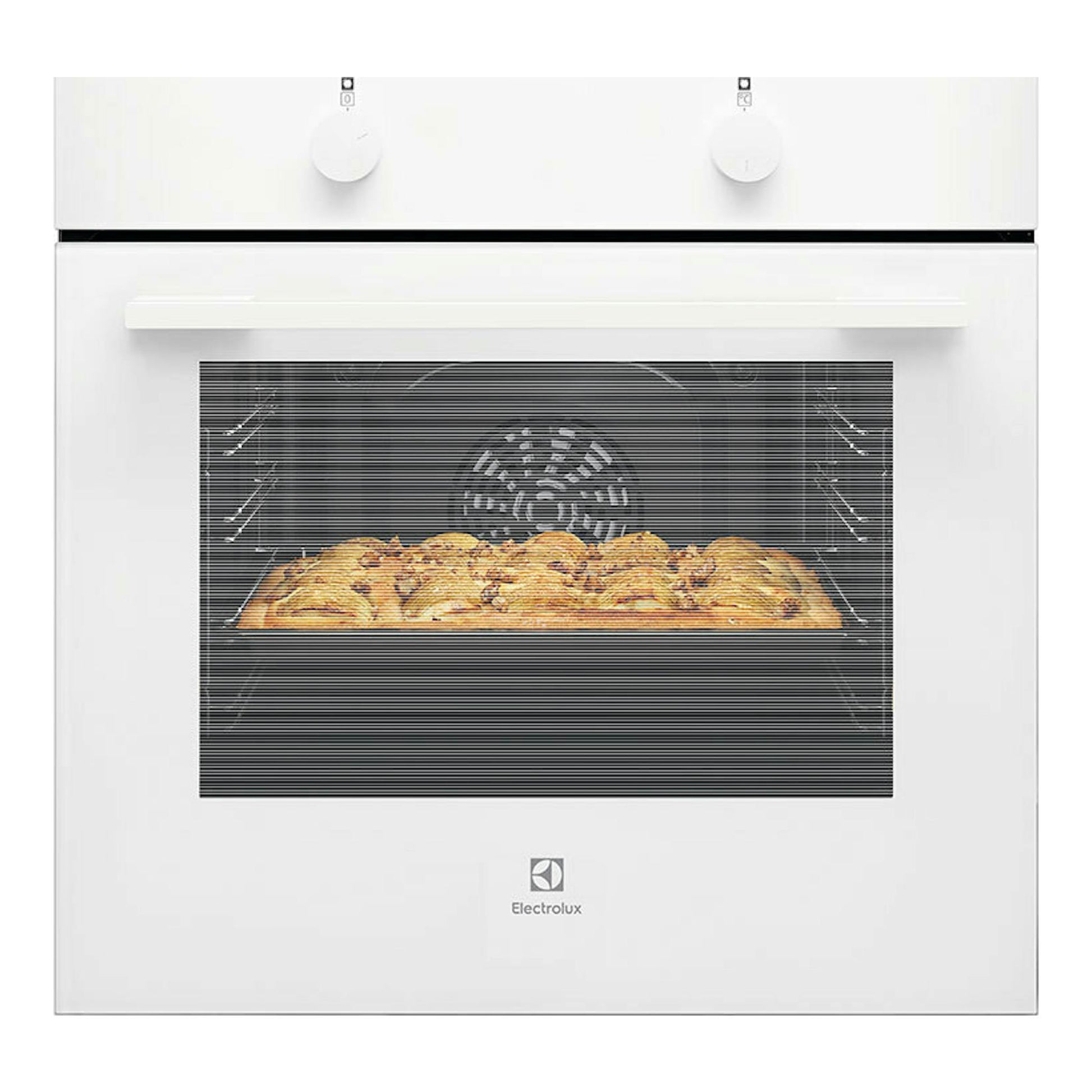 Vista frontal de horno Electrolux CKB101W blanco, con dos mandos y puerta de vidrio.
