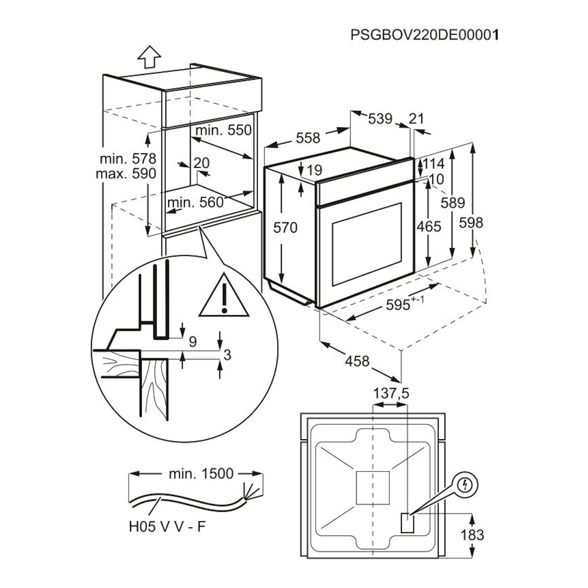 Diagrama técnico de instalación del horno Electrolux CKB101W blanco, con medidas y vistas frontal y superior.
