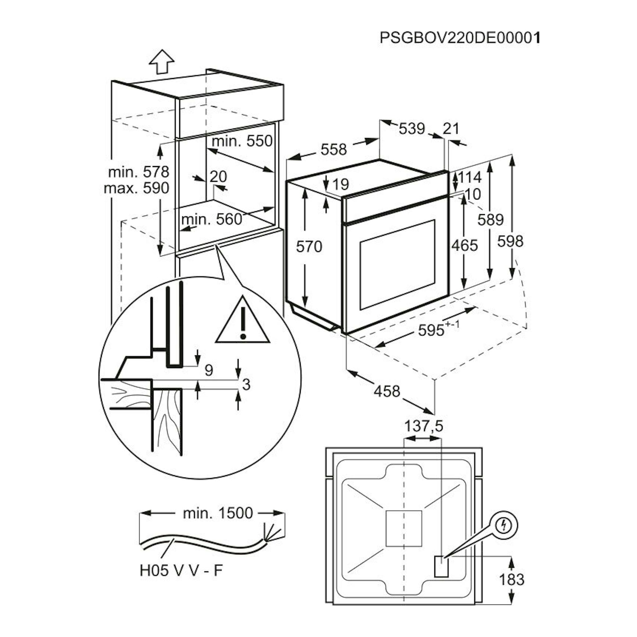 Diagrama técnico de instalación del horno Electrolux CKB101W blanco, con medidas y vistas frontal y superior.