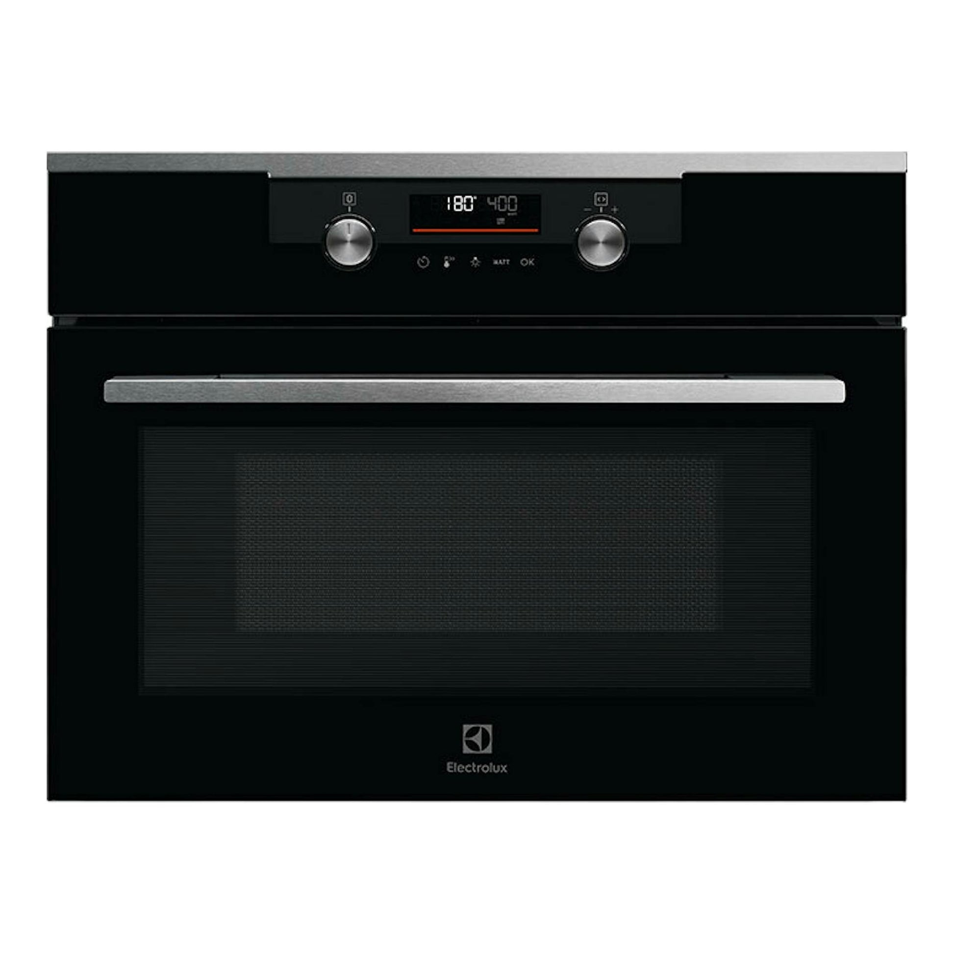 Horno empotrado Electrolux CKM806CX negro, vista frontal, con panel digital, dos mandos y tirador plateado.