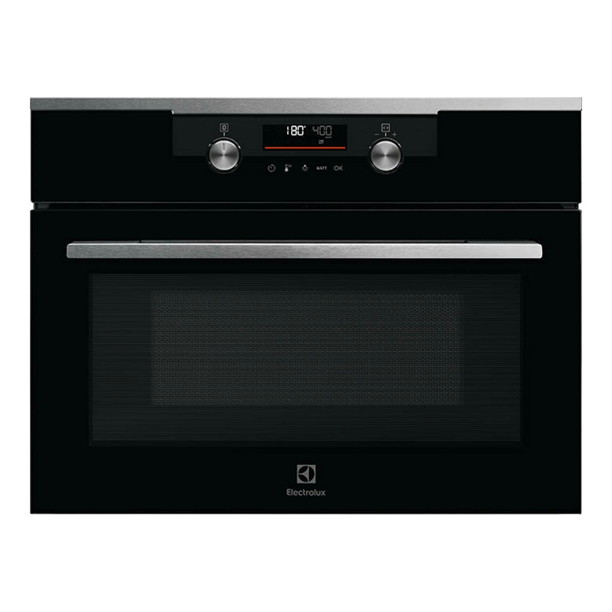 Horno empotrado Electrolux CKM806CX negro, vista frontal, con panel digital, dos mandos y tirador plateado.