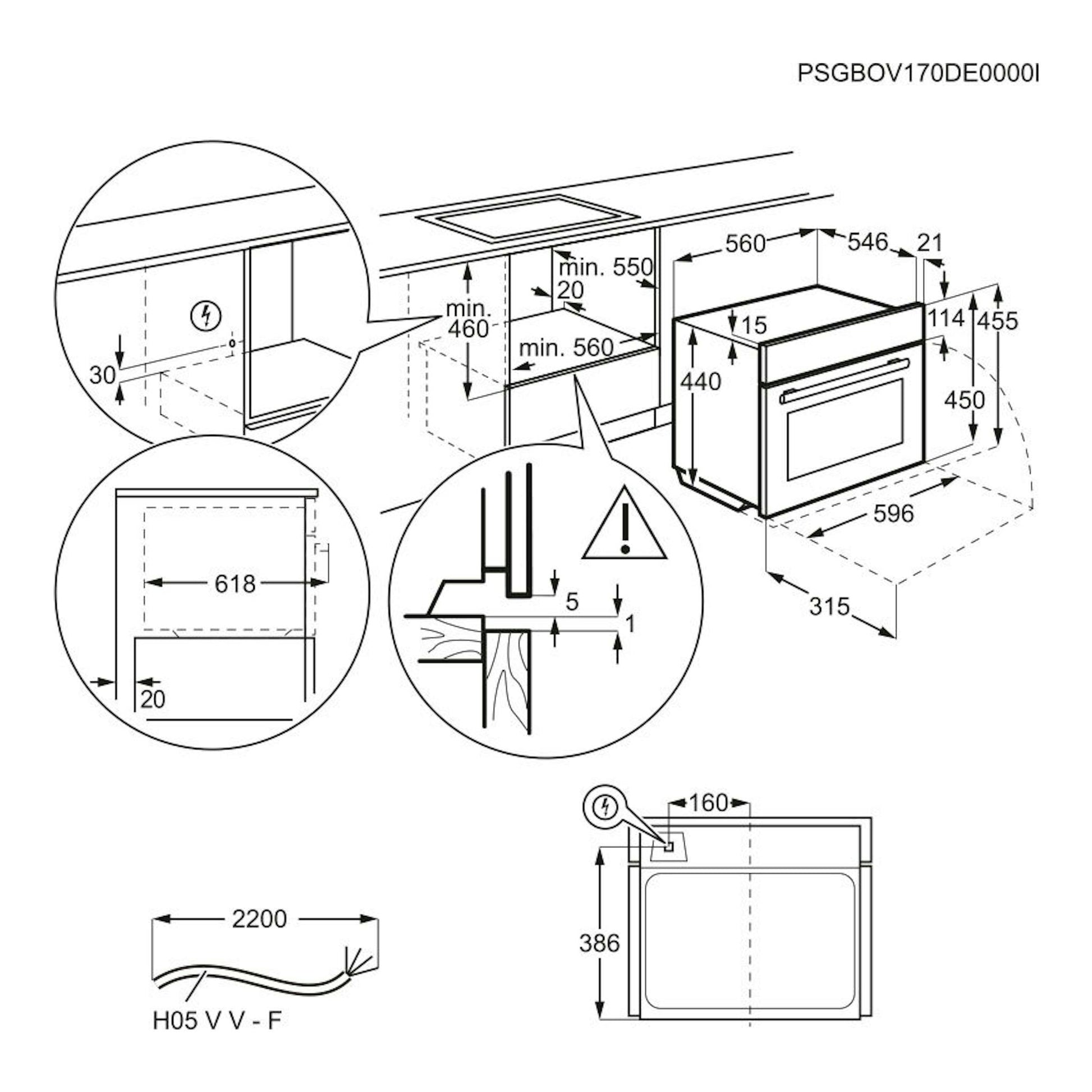 Electrolux CKM806CX: esquema técnico de instalación de horno negro, con medidas y vistas frontal y lateral.