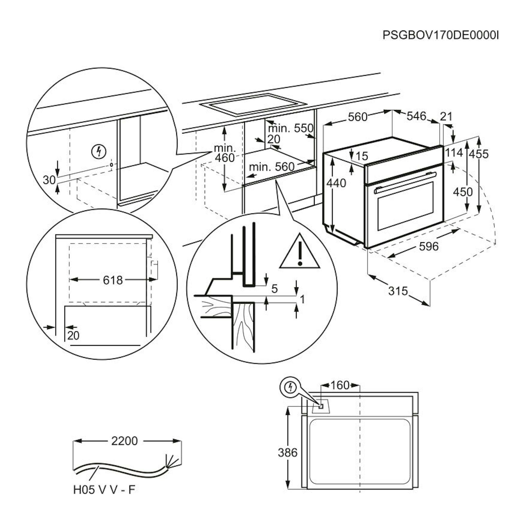 Electrolux CKM806CX: esquema técnico de instalación de horno negro, con medidas y vistas frontal y lateral.