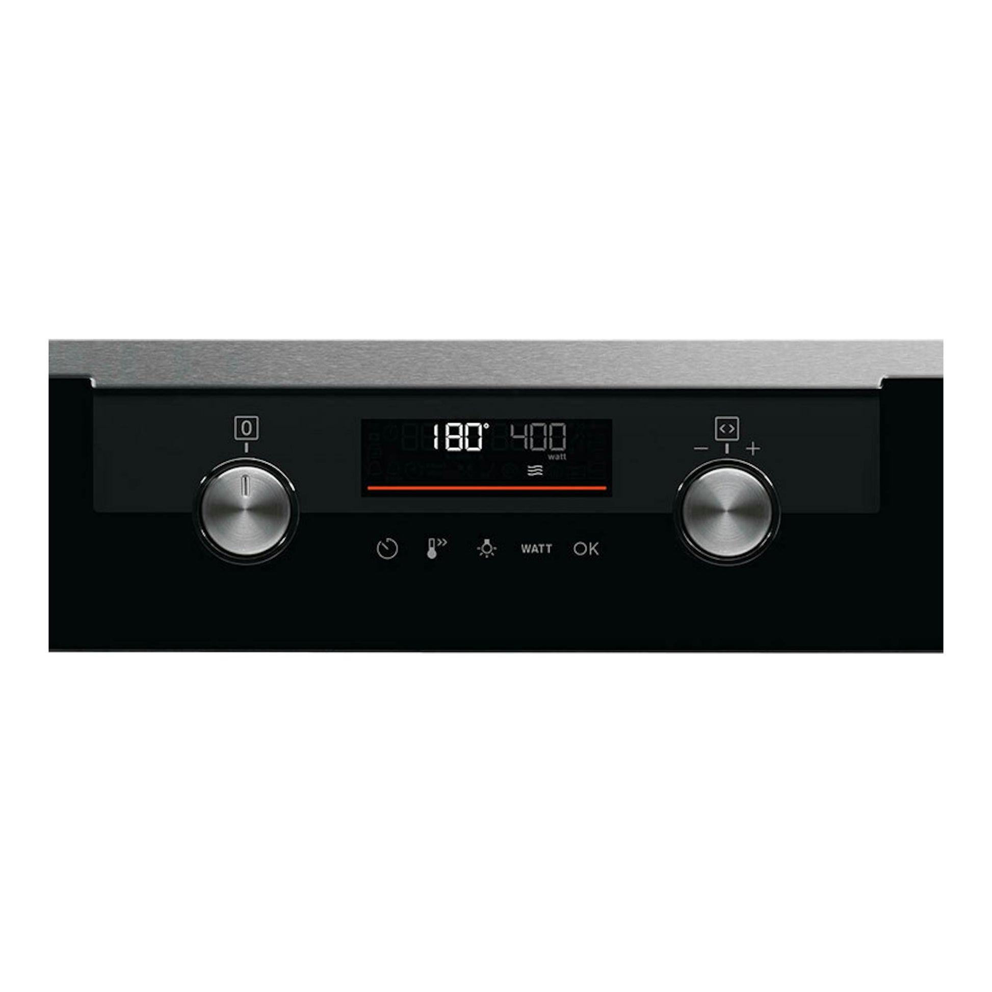 Horno Electrolux CKM806CX negro, vista frontal del panel de control con dos mandos y pantalla digital.
