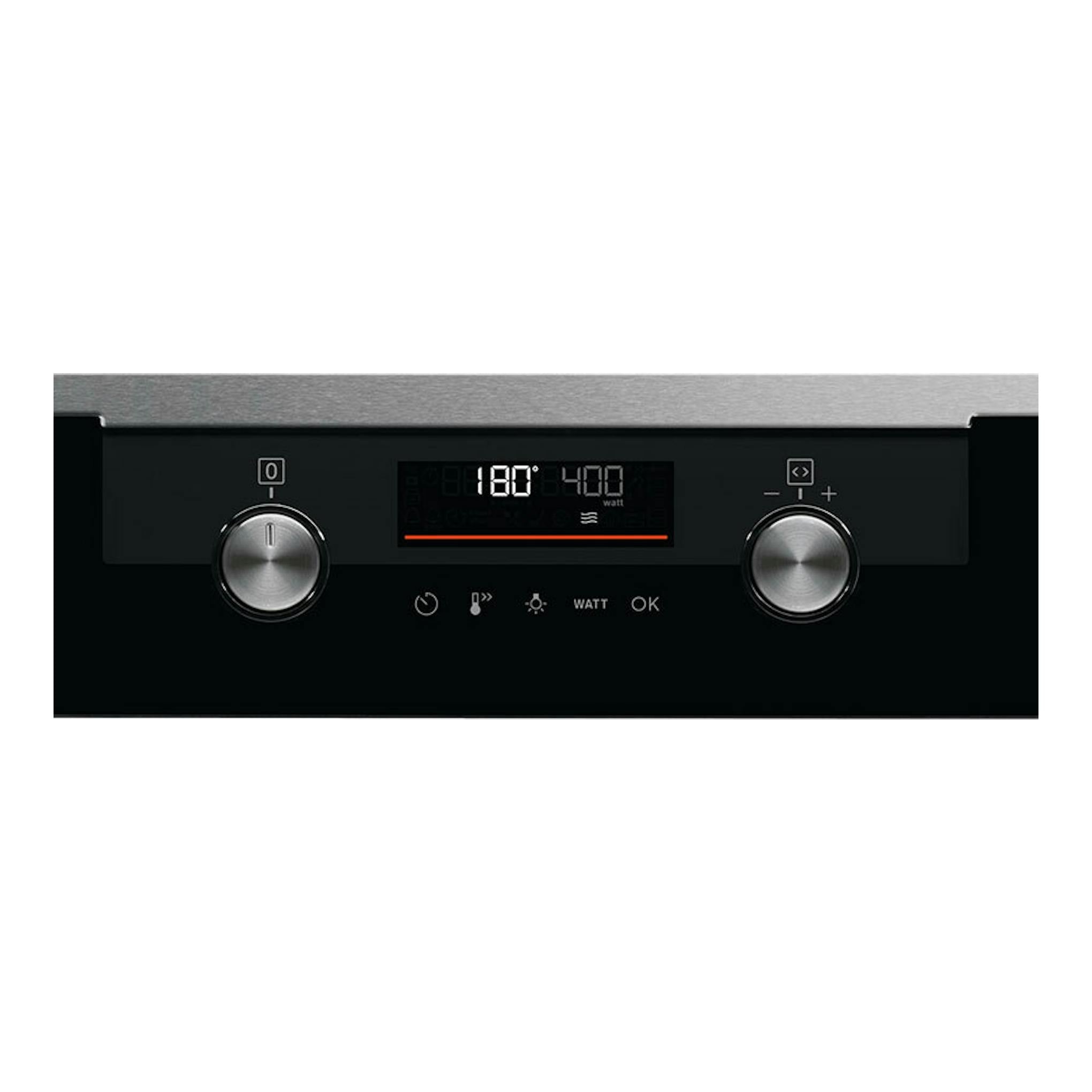 Horno Electrolux CKM806CX negro, vista frontal del panel de control con dos mandos y pantalla digital.
