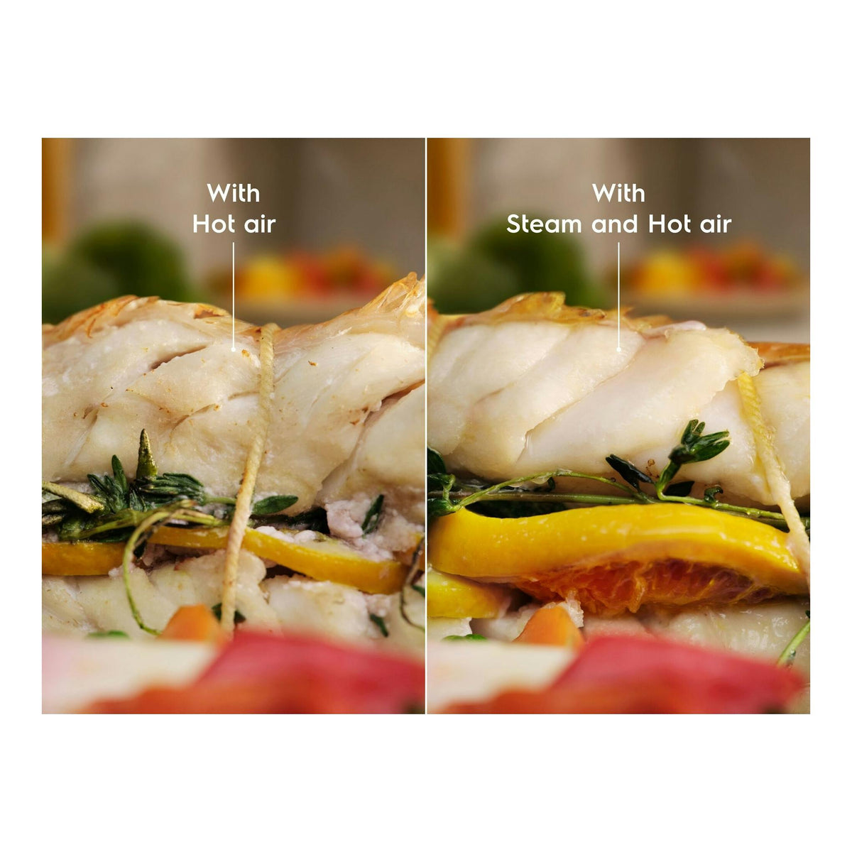 Electrolux COP846X1, comparativa en primer plano de pescado al horno: «Hot air» y «Steam and Hot air».