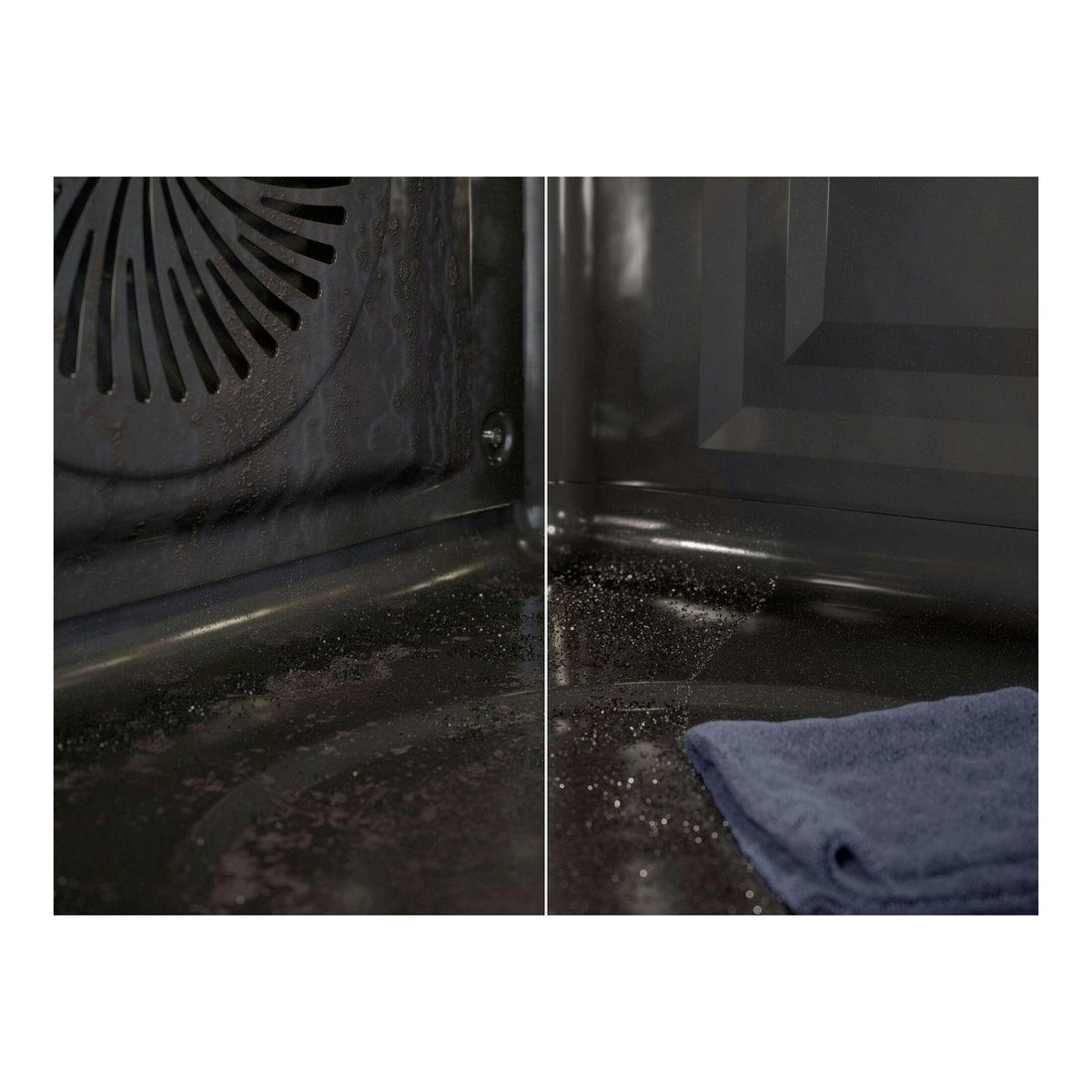 Horno Electrolux COP846X1, interior negro, vista dividida: sucio a la izquierda y limpio con paño azul.