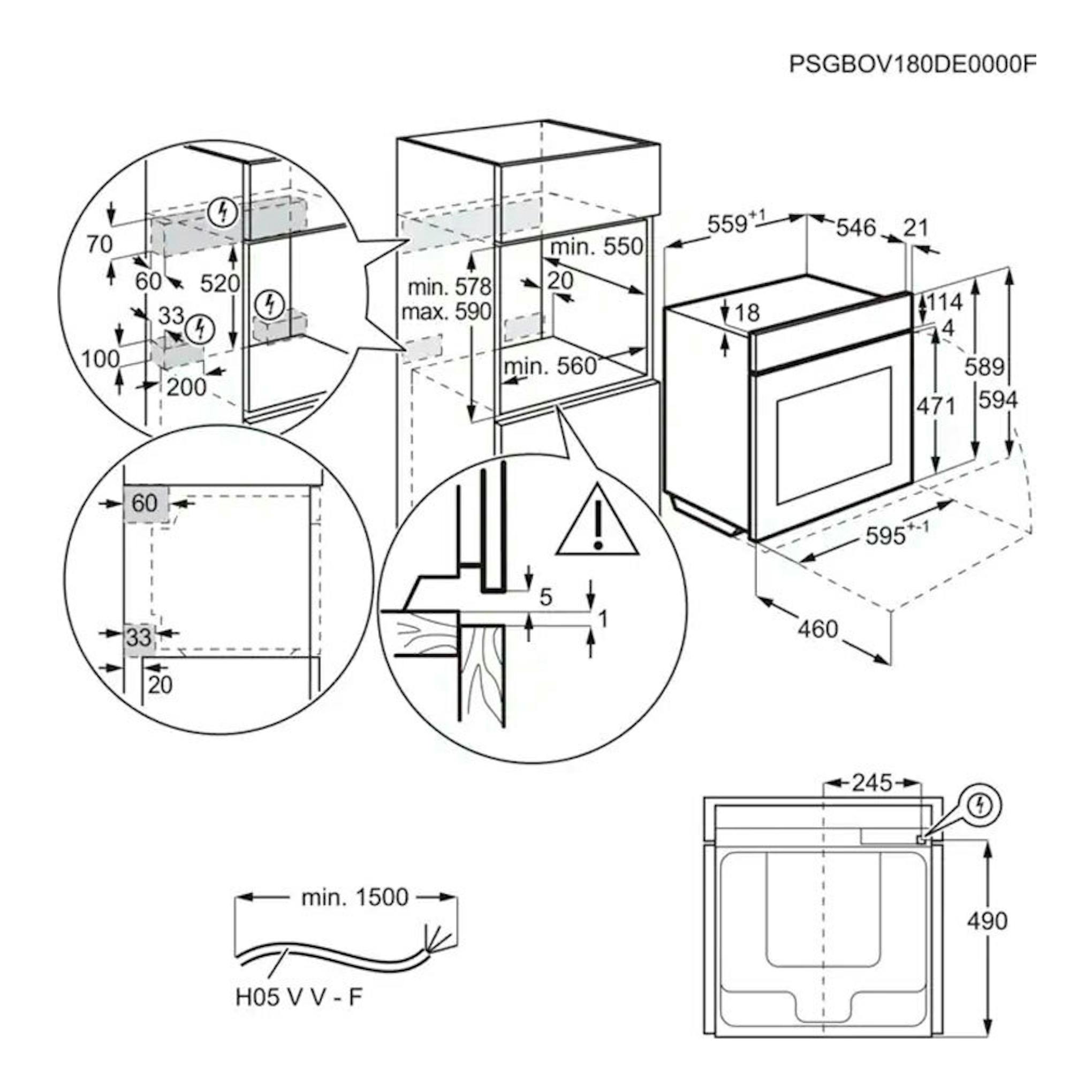 Diagrama acotado del horno Electrolux EOB8S39X negro, con vistas frontal y lateral e instrucciones de hueco.