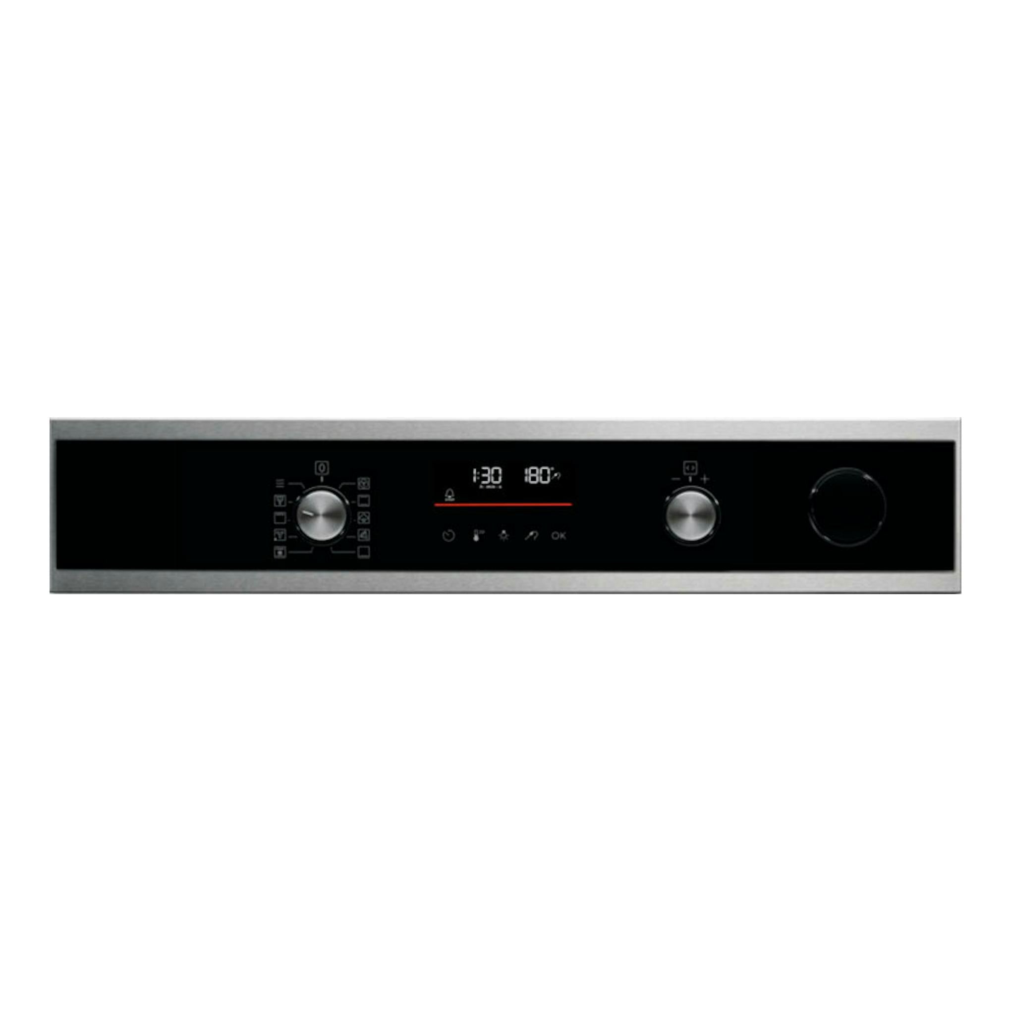 Horno Electrolux EOC6P77X inox, vista frontal del panel negro con mandos giratorios y display digital.