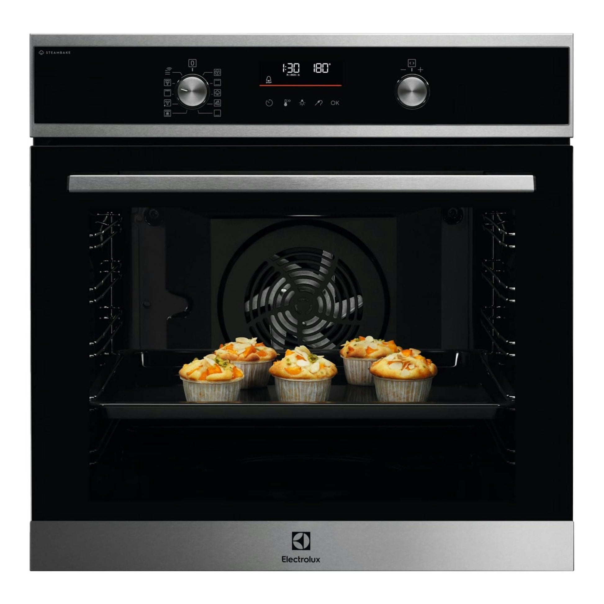 Horno Electrolux EOD6P77X negro y acero, vista frontal con puerta abierta y cinco muffins en el interior.