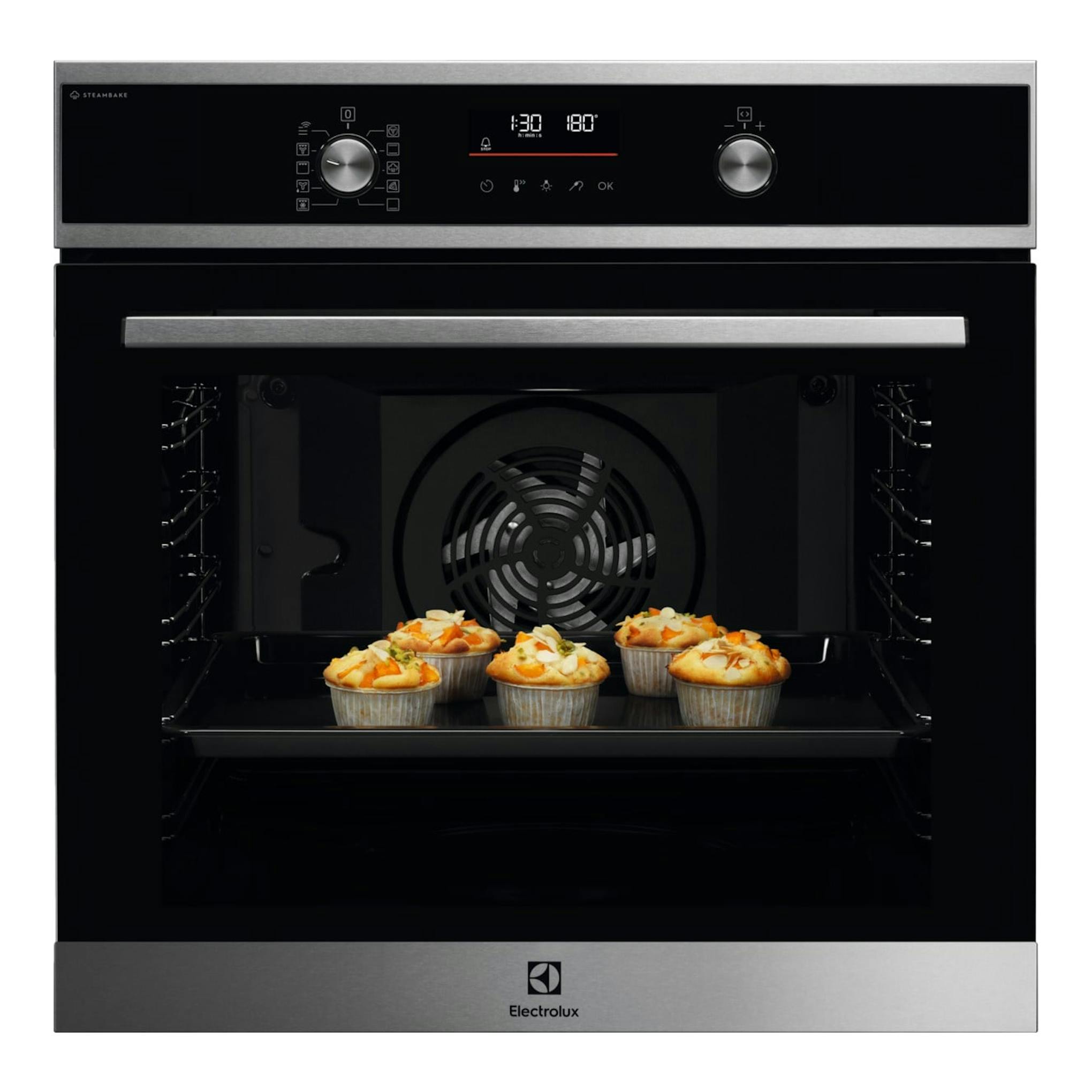 Horno Electrolux EOD6P77X negro y acero, vista frontal con puerta abierta y cinco muffins en el interior.