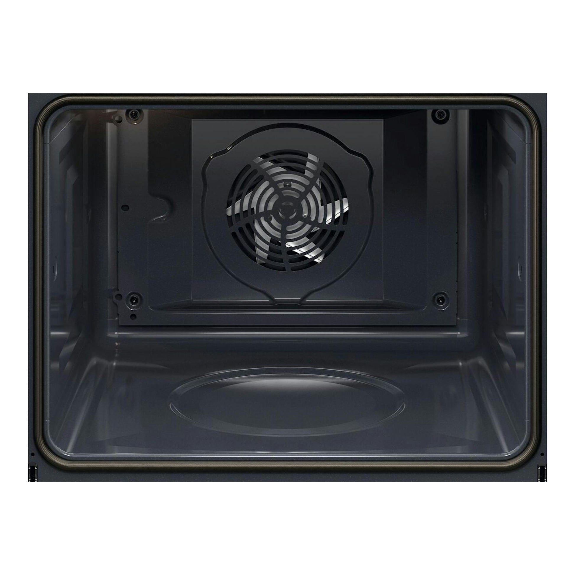 Electrolux EOD6P77X, interior de horno negro en vista frontal, con ventilador circular trasero.