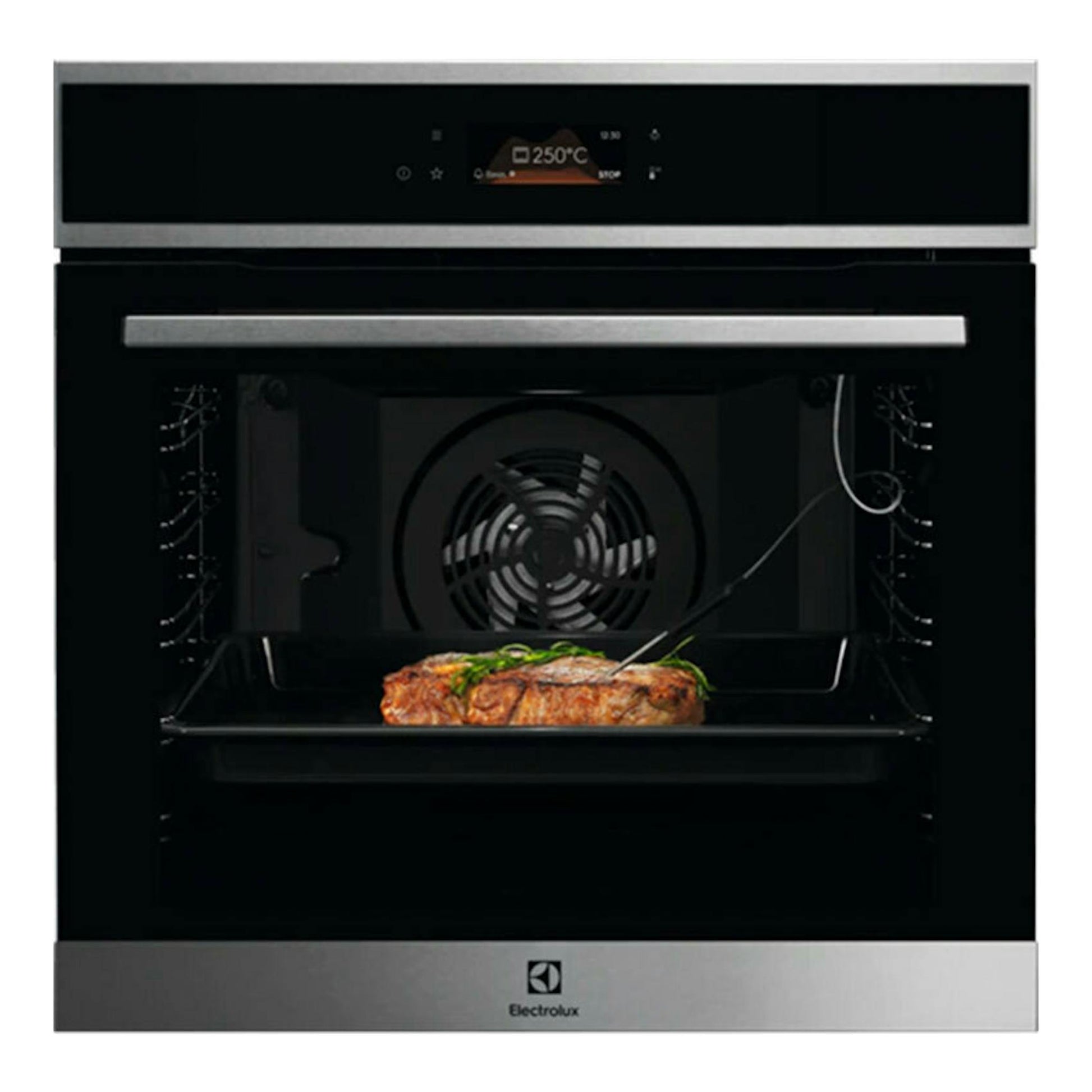 Horno Electrolux EOE8P39X negro, vista frontal, con panel digital y puerta abierta, interior con carne.
