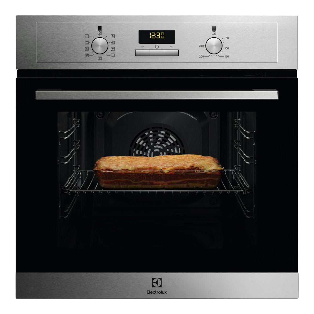 Horno Electrolux EOF3H40BX en inox, vista frontal, con dos mandos, pantalla digital y bandeja dentro.