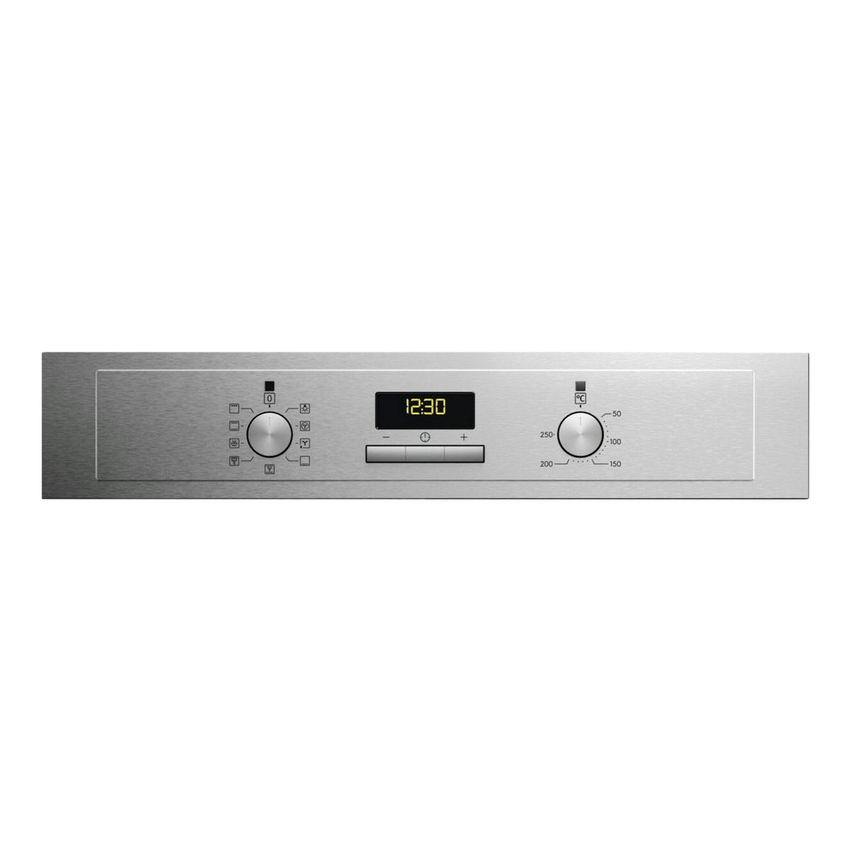 Vista frontal del panel de un horno Electrolux EOF3H40BX en inox, con dos mandos y display digital.